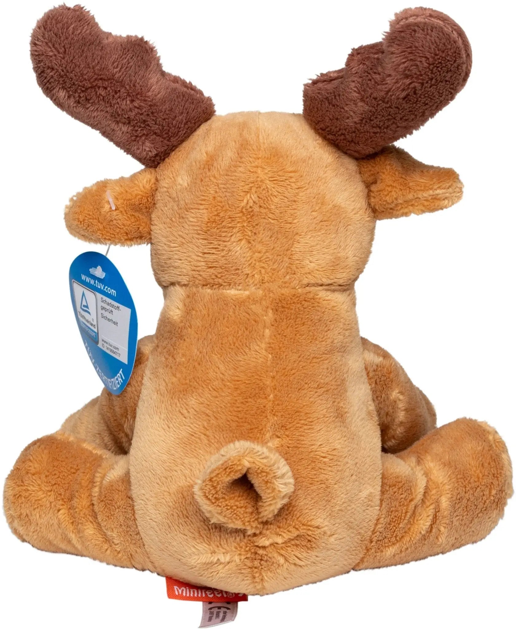 Ein plüschtier elch emil aus weichem braunem stoff mit flauschigem fell und passenden braunen geweihen für weihnachten