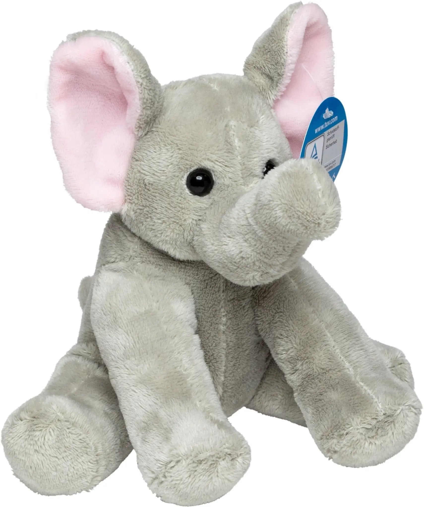 Ein weiches graues plüschelefantenstofftier namens elefant linus mit rosa ohren und schwarzen knopfaugen