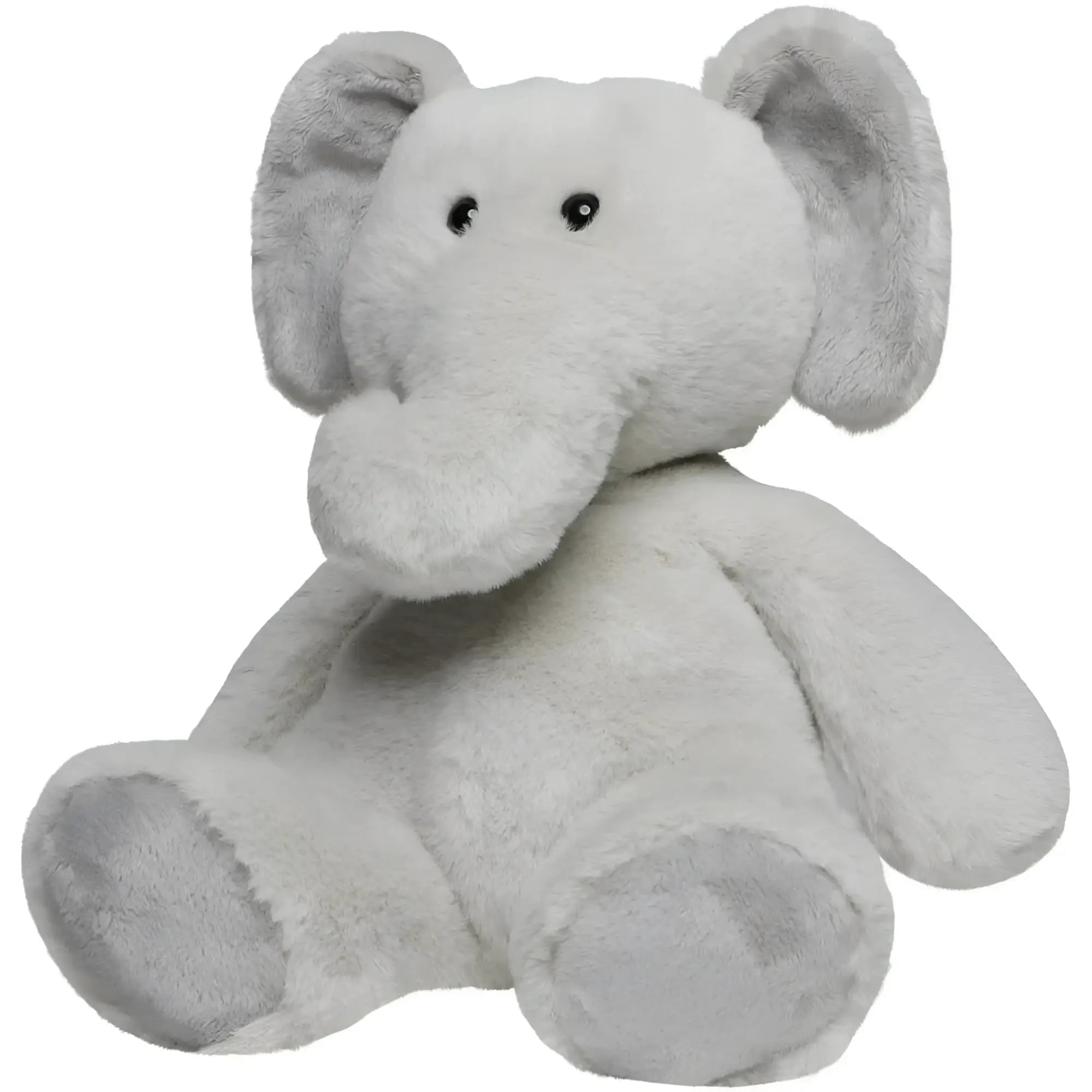 Ein weiches, hellgraues plüschelefant kuscheltier mit schwarzen knopfaugen und sanftem design