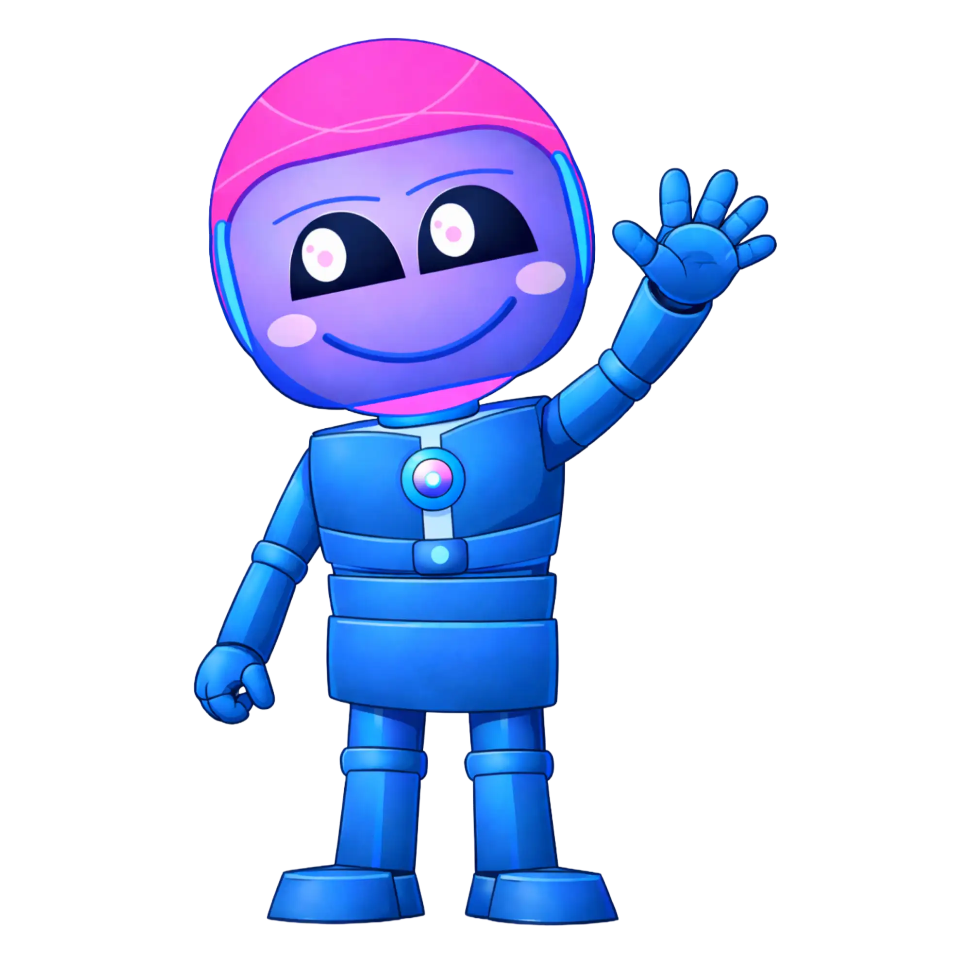 Ein fröhlicher blauer Roboter mit einem pinkfarbenen Helm und einem lächelnden Gesicht, der freundlich hallo winkt.