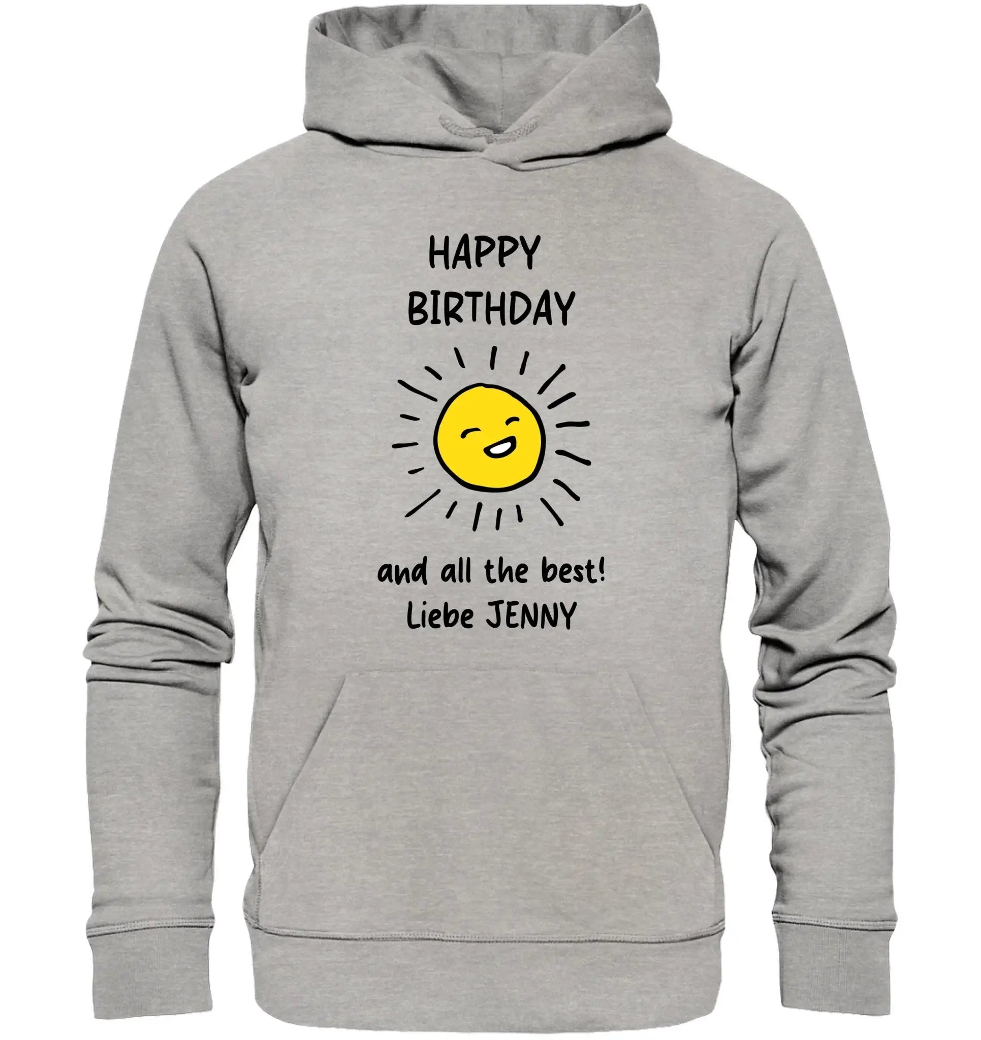 Grauer hooded sweatshirt mit fröhlicher gelber sonne und schwarzem happy birthday text sowie liebe jenny print