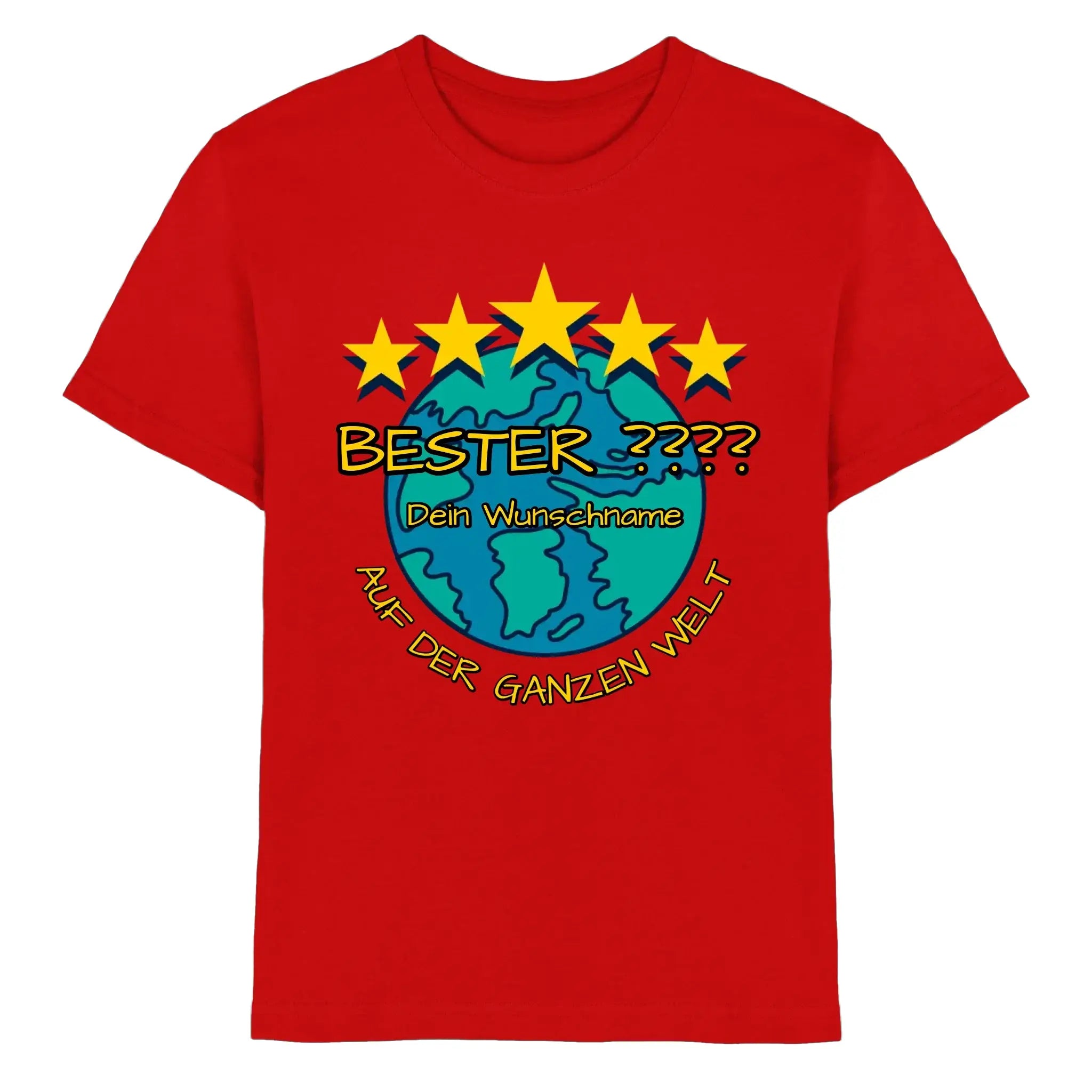 Rotes baumwollshirt mit 5 sternen motiv und cartoon globe plus personalisierbarem deutscher text bester wunschname