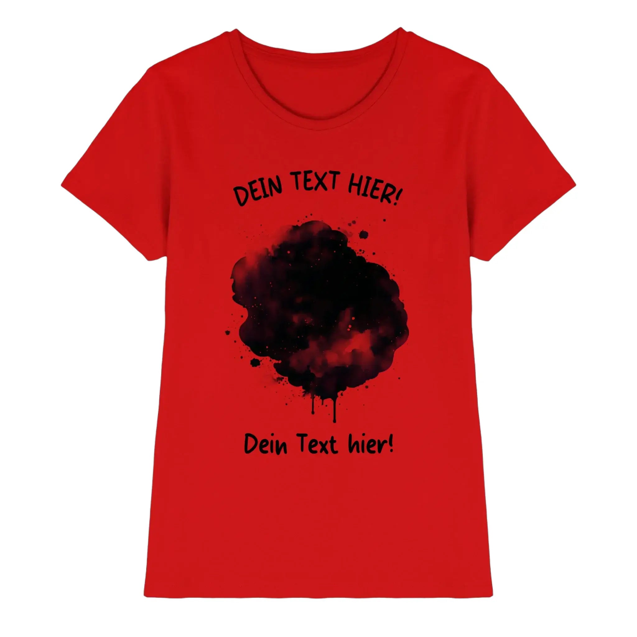 Rotes kurzarmshirt mit schwarzem farbklecks-effekt und wunschtext aus der statement-collection