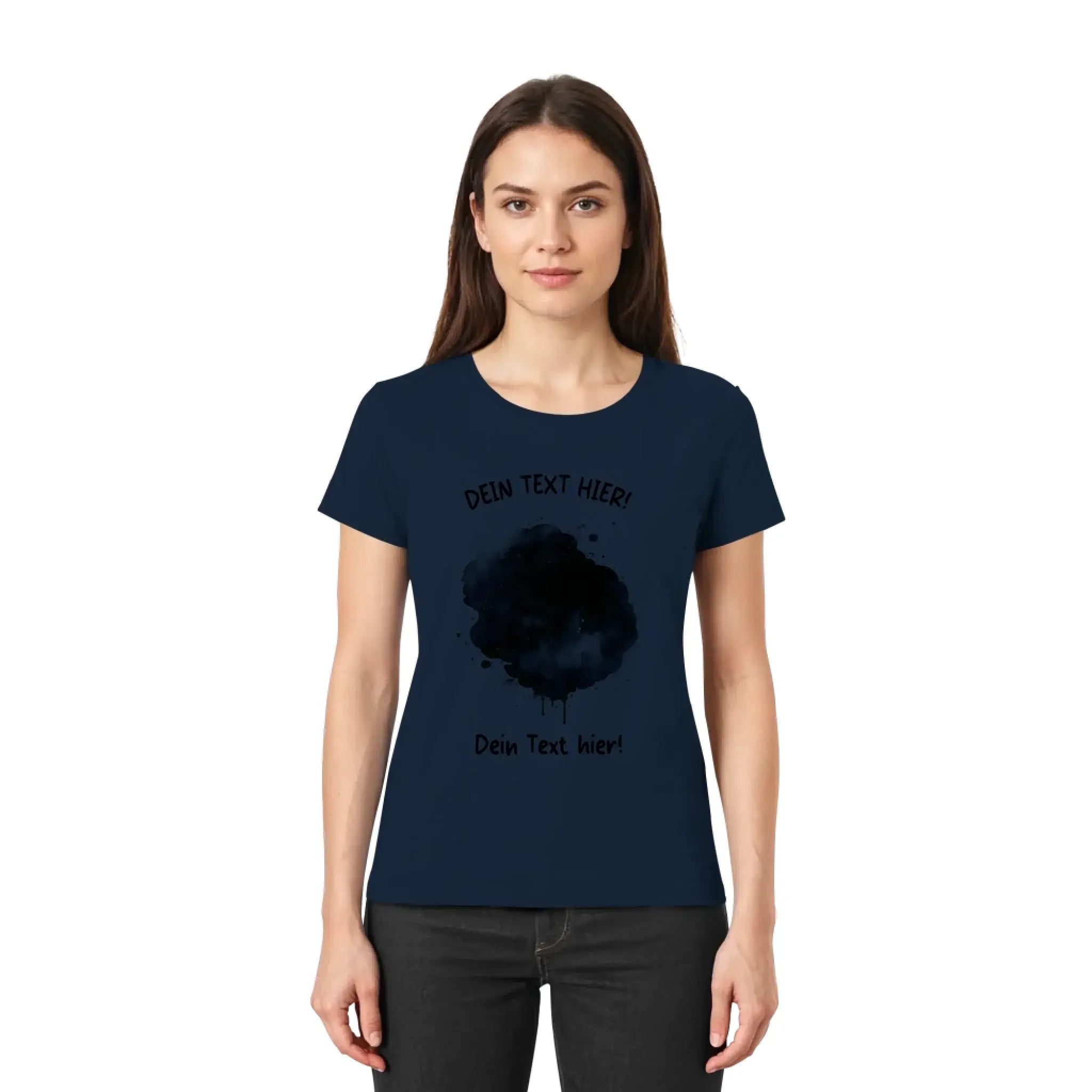 Navyblaues damen t shirt mit kurzarm und dunklem farbklecks effekt grafik aus der statement collection mit wunschtext