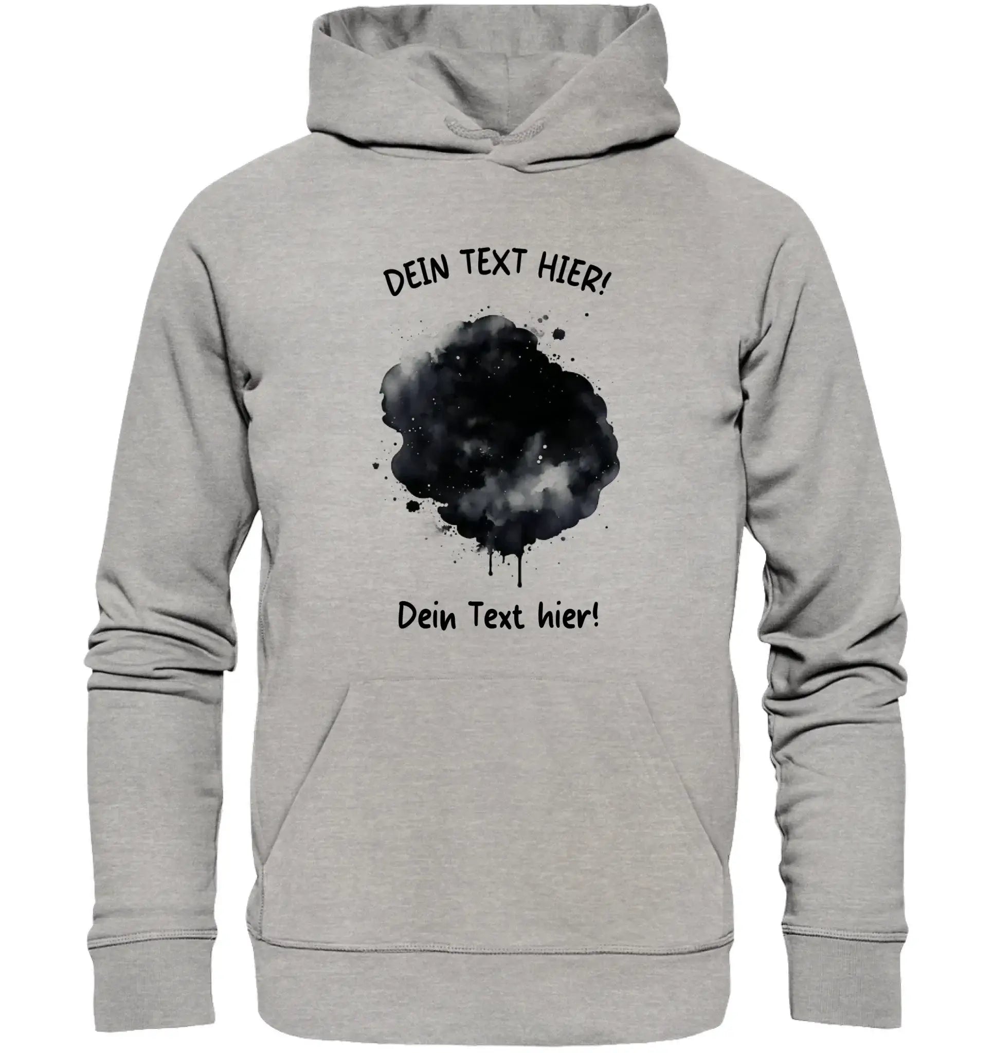 Grauer hoodie mit schwarzem farbklecks effekt und platzhaltertext aus der statement collection zum selbst gestalten