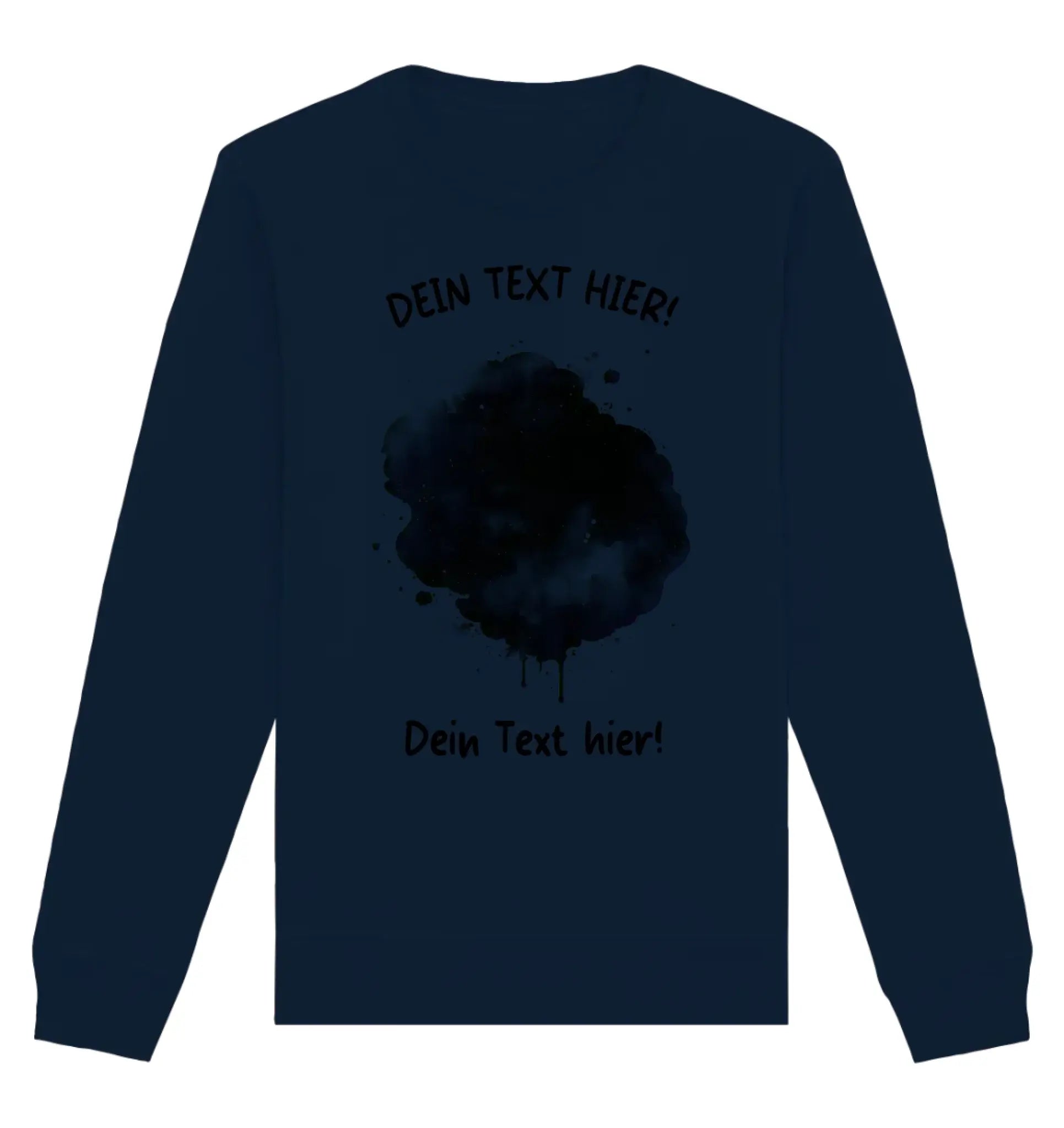 Navyblaues langarmshirt mit schwarzem wasserfarben-farbklecks und dunklem platzhaltertext aus der statement-collection
