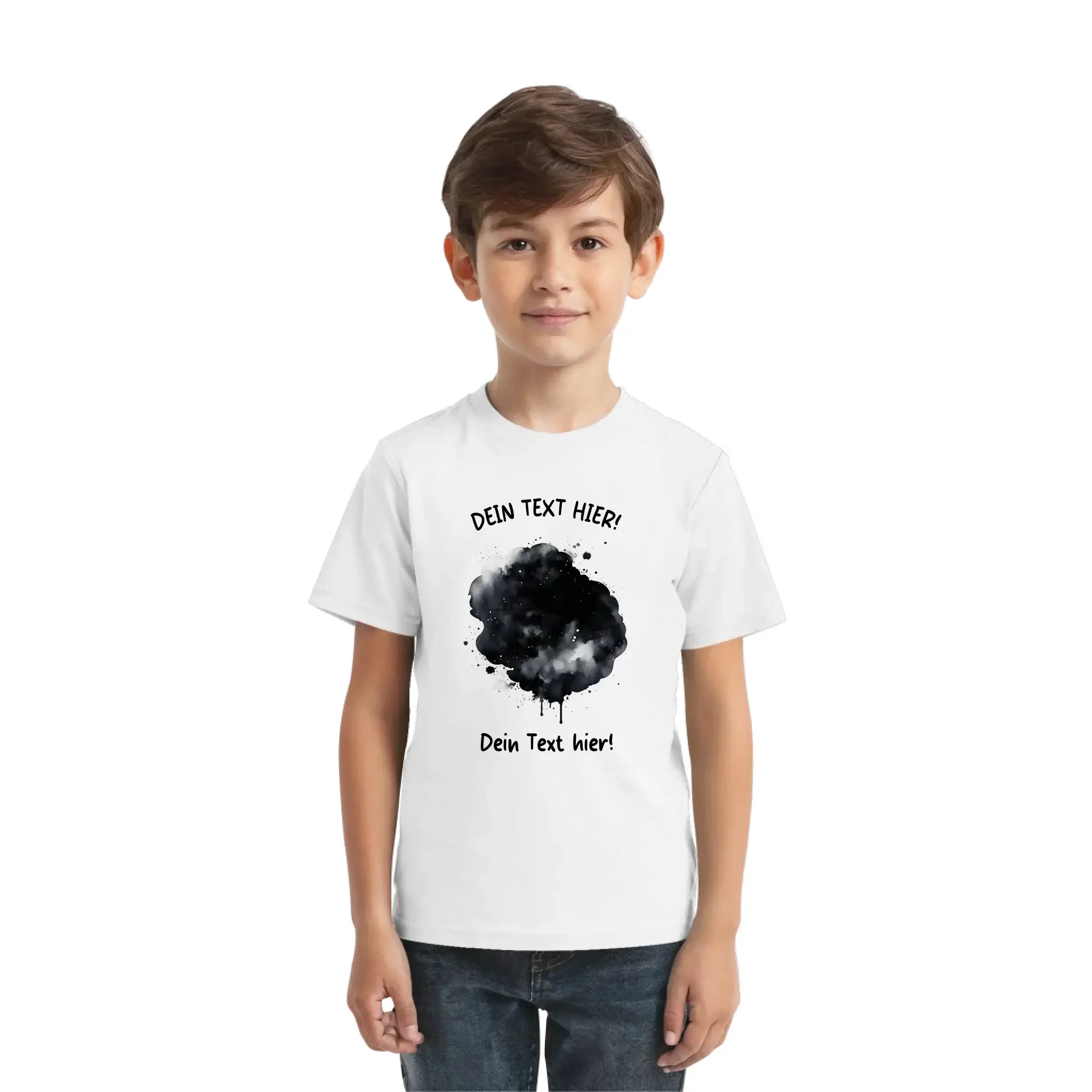 Weiße baumwoll t-shirt mit schwarzem farbklecks effekt und individuellem wunschtext aus der statement collection