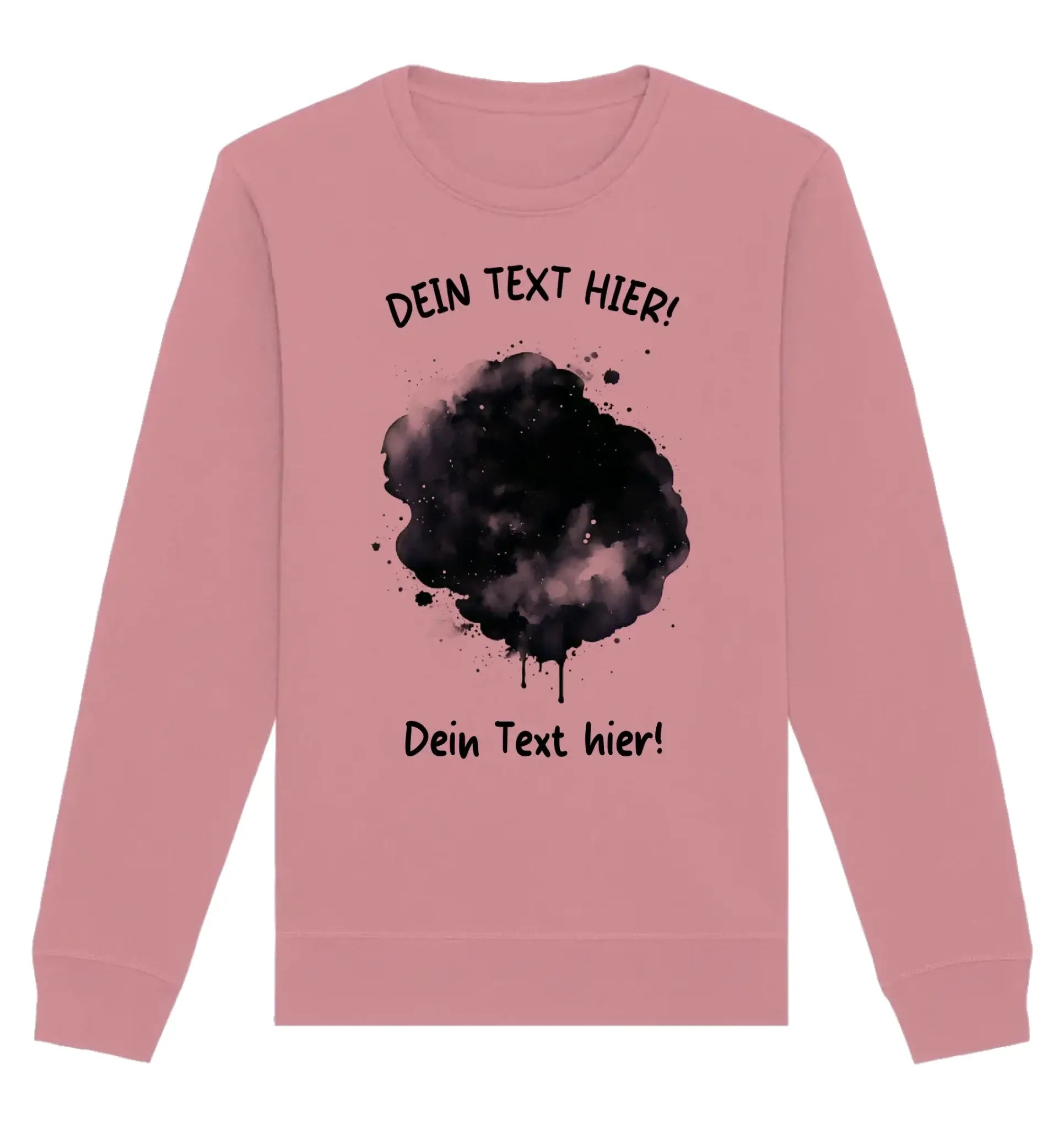 Ein weiches rosa langarm-sweatshirt mit schwarzem aquarell-farbfleck-effekt und deutschem platzhaltertext