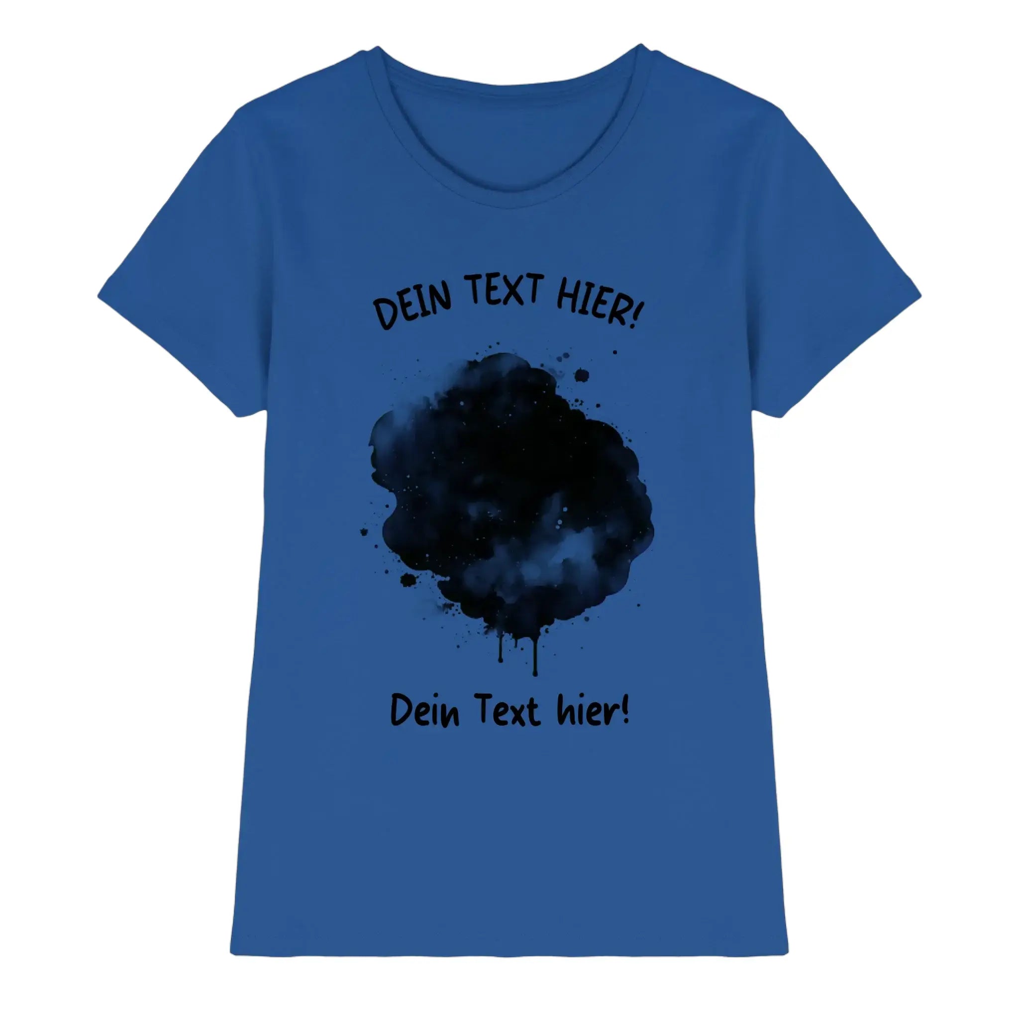 Blaue damen t shirt mit schwarzem aquarell tinten spritzer design und deutschem platzhaltertext aus der statement kollektion