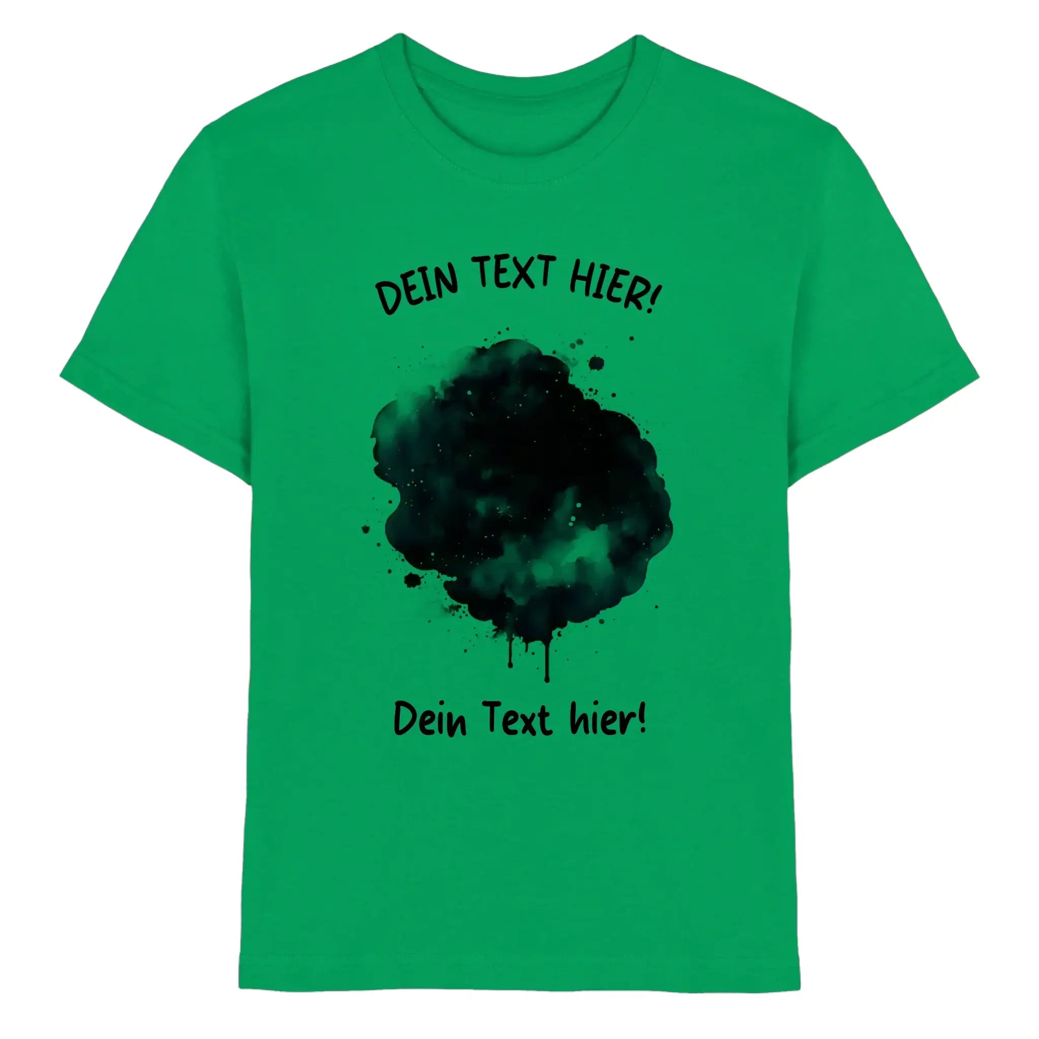 Ein grünes cotton t-shirt mit schwarzem farbklecks-effekt und dem text dein text hier aus der statement-collection
