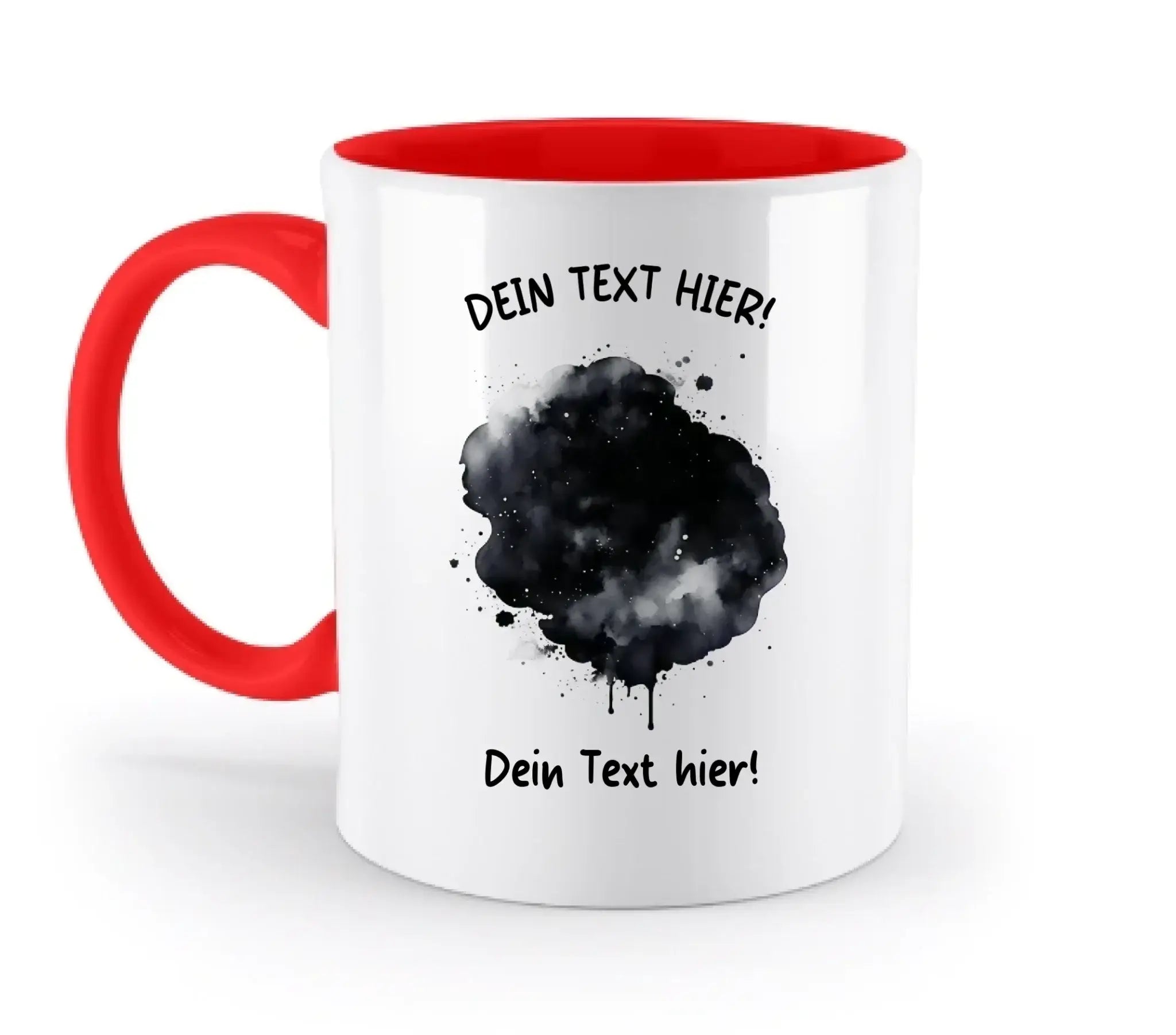 Weiße keramiktasse mit rotem griff und innenbereich und schwarzem farbklecks-effekt aus der statement-collection