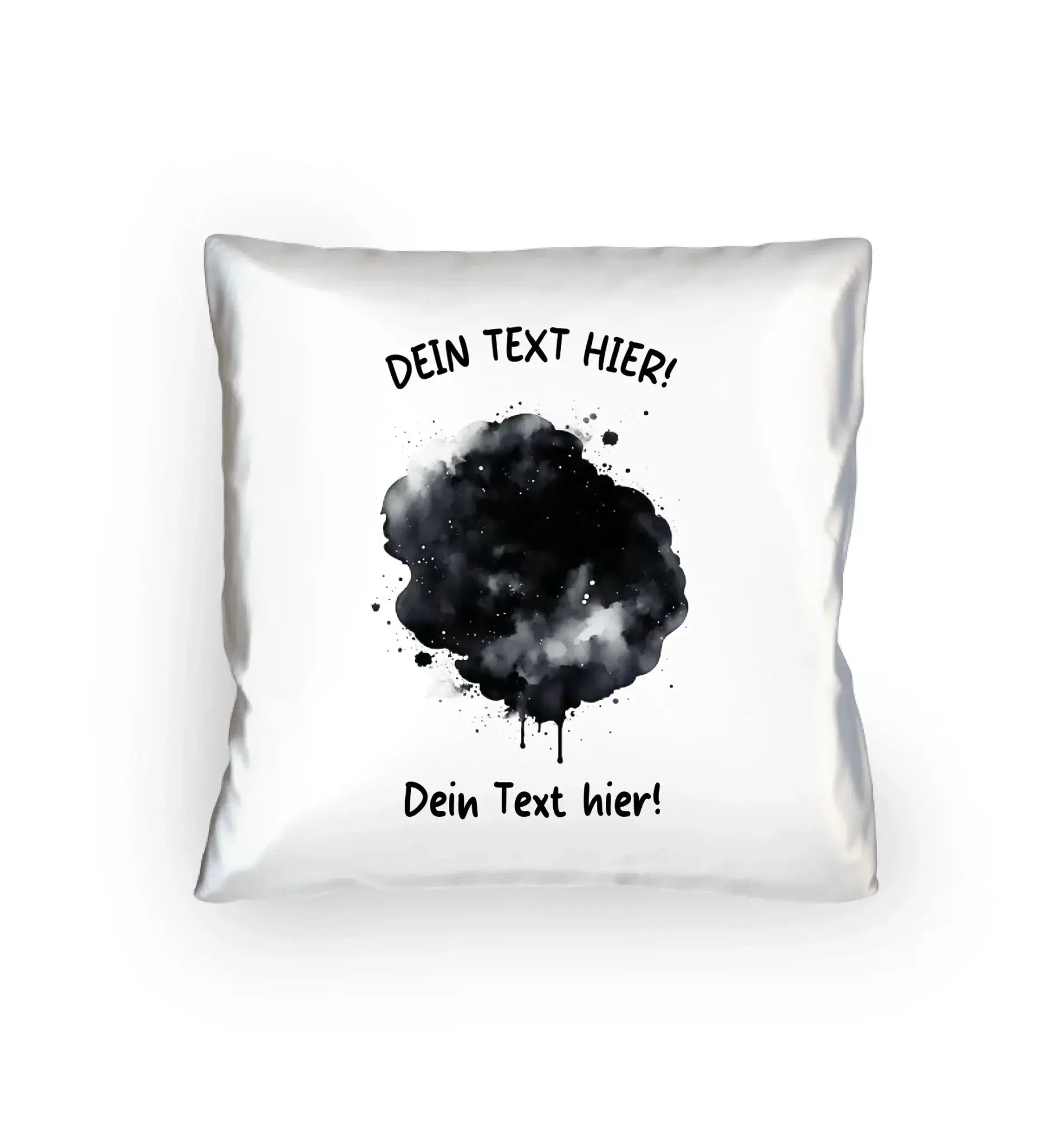 Weißer quadratischer kissenbezug mit schwarzem farbkleckseffekt und individuellem wunschtext in deutsch