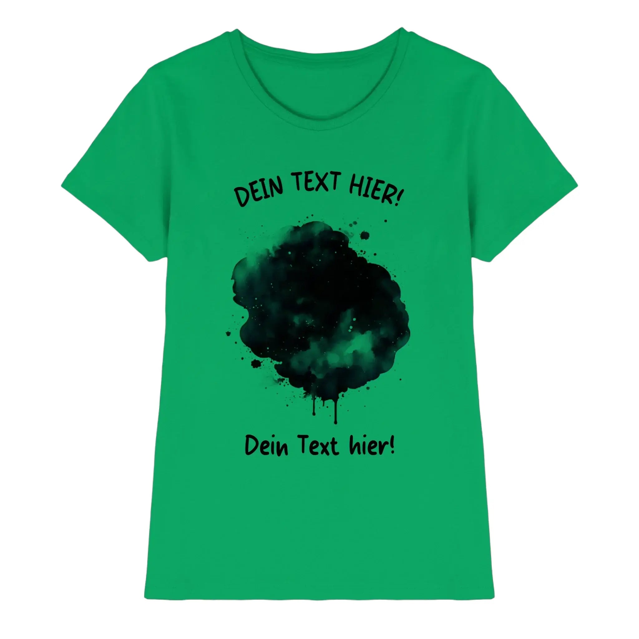 Ein leuchtend grünes damen t shirt mit schwarzem aquarell farbklecks effekt und anpassbarem wunschtext