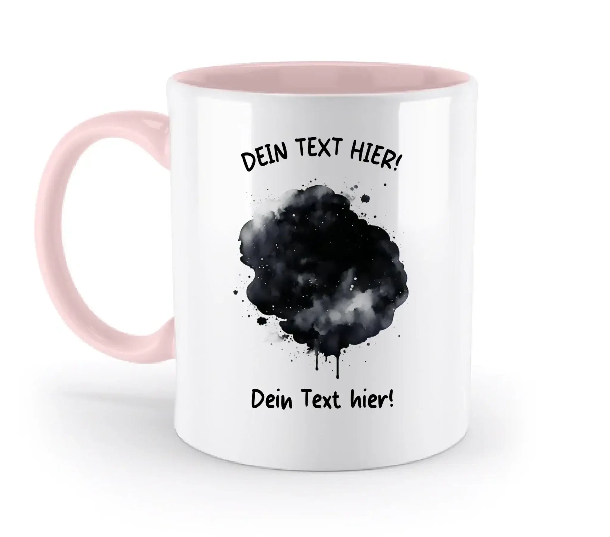 Weiße keramiktasse mit rosa griff und innen, schwarzer farbklecks-effekt und deutschem platzhaltertext