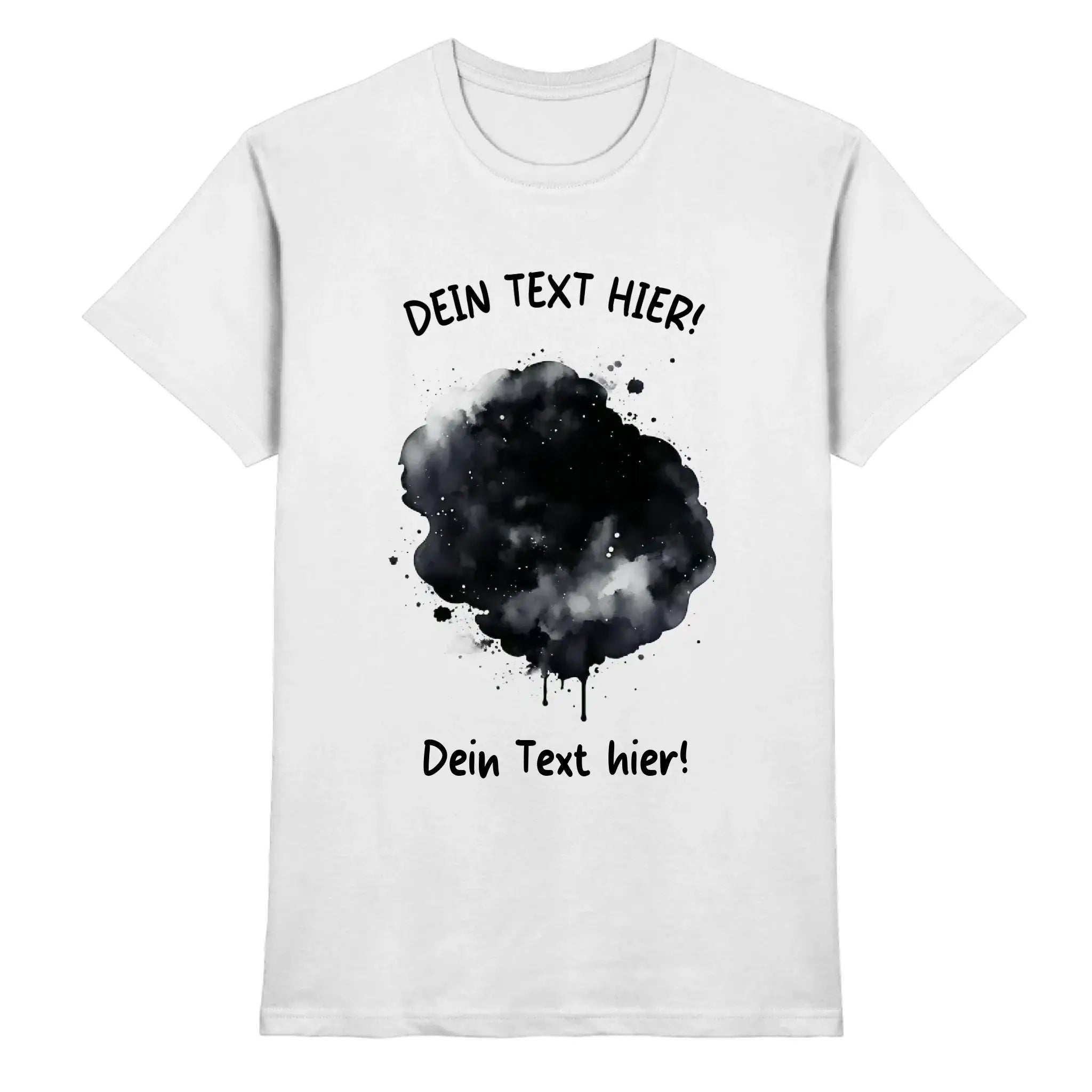 Weiße baumwoll-t-shirt mit schwarzem farbklecks-effekt und wunschtext dein text hier aus der statement-collection