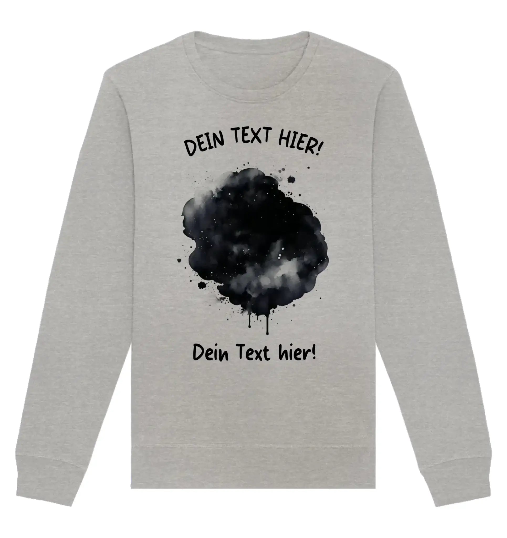 Heathergrauer langarm sweatshirt mit schwarzem farbklecks effekt und dein text hier print aus der statement collection