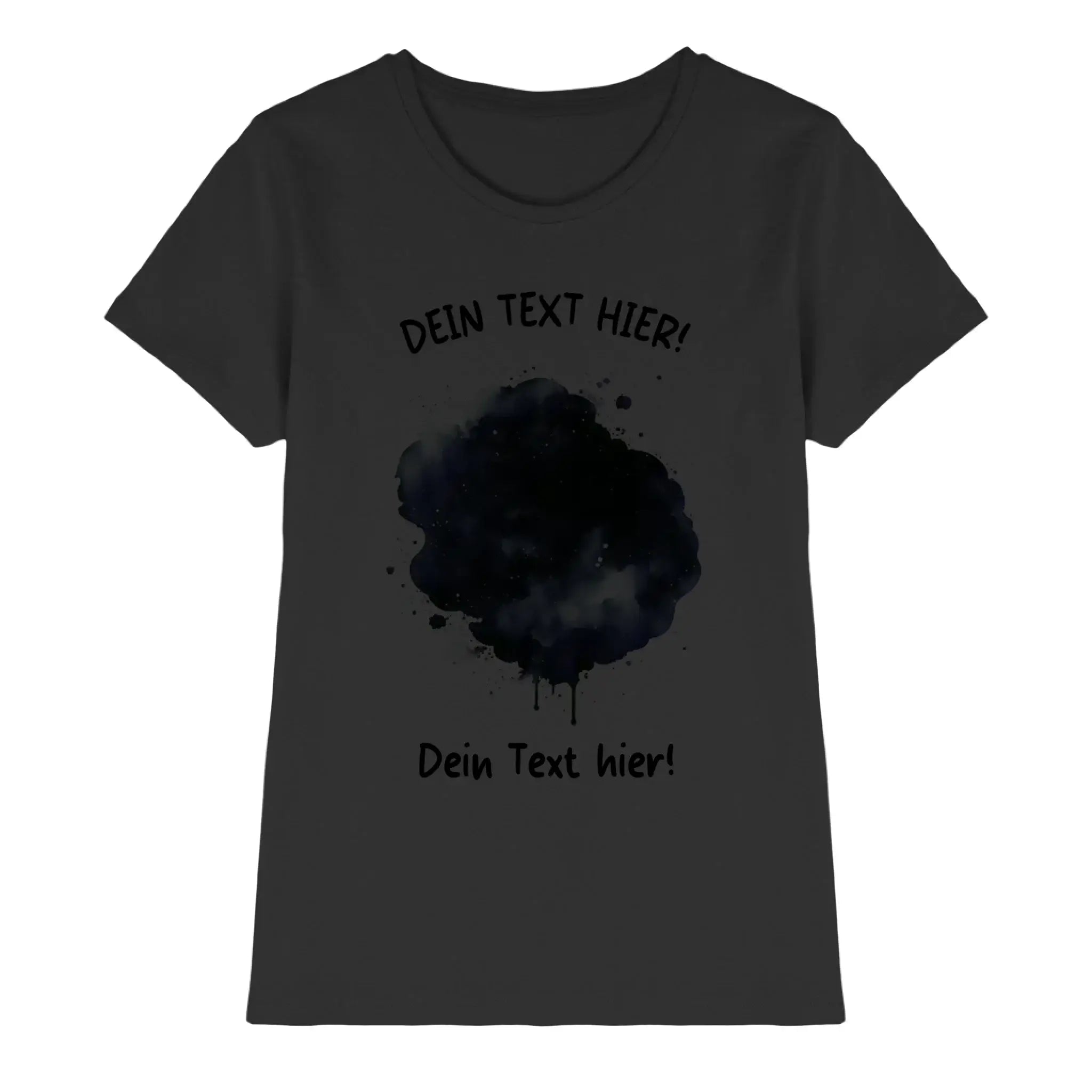 Dunkelgraues damen t shirt mit schwarzem aquarell farbklecks effekt und german placeholder text vorne