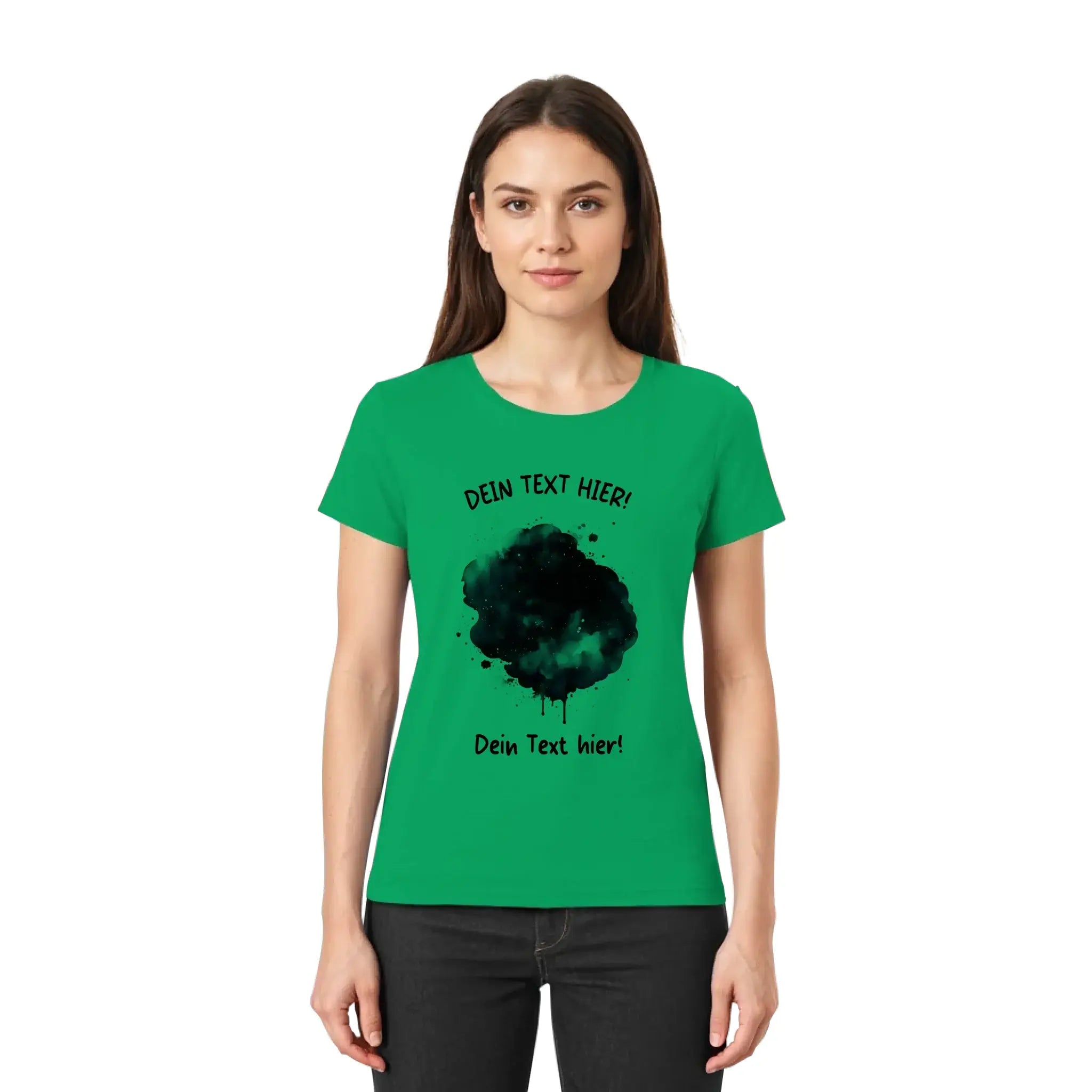 Grünes kurzarmshirt mit schwarzem farbklecks-effekt aus der statement-collection mit wunschtext auf deutsch