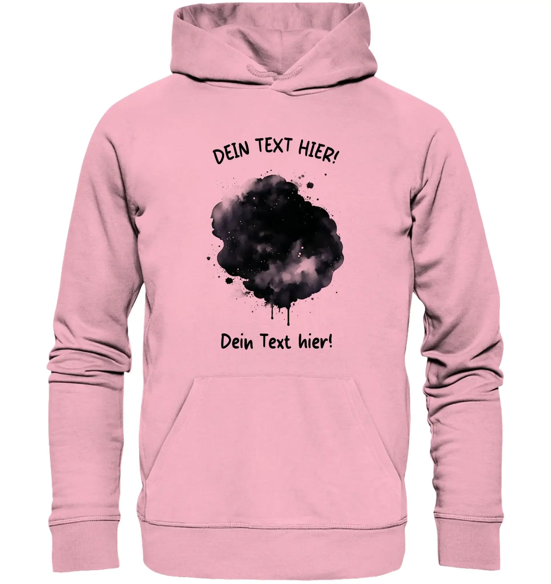 Ein rosa kapuzenpullover mit schwarzem aquarelleffekt und deutschem platzhaltertext aus der statement collection