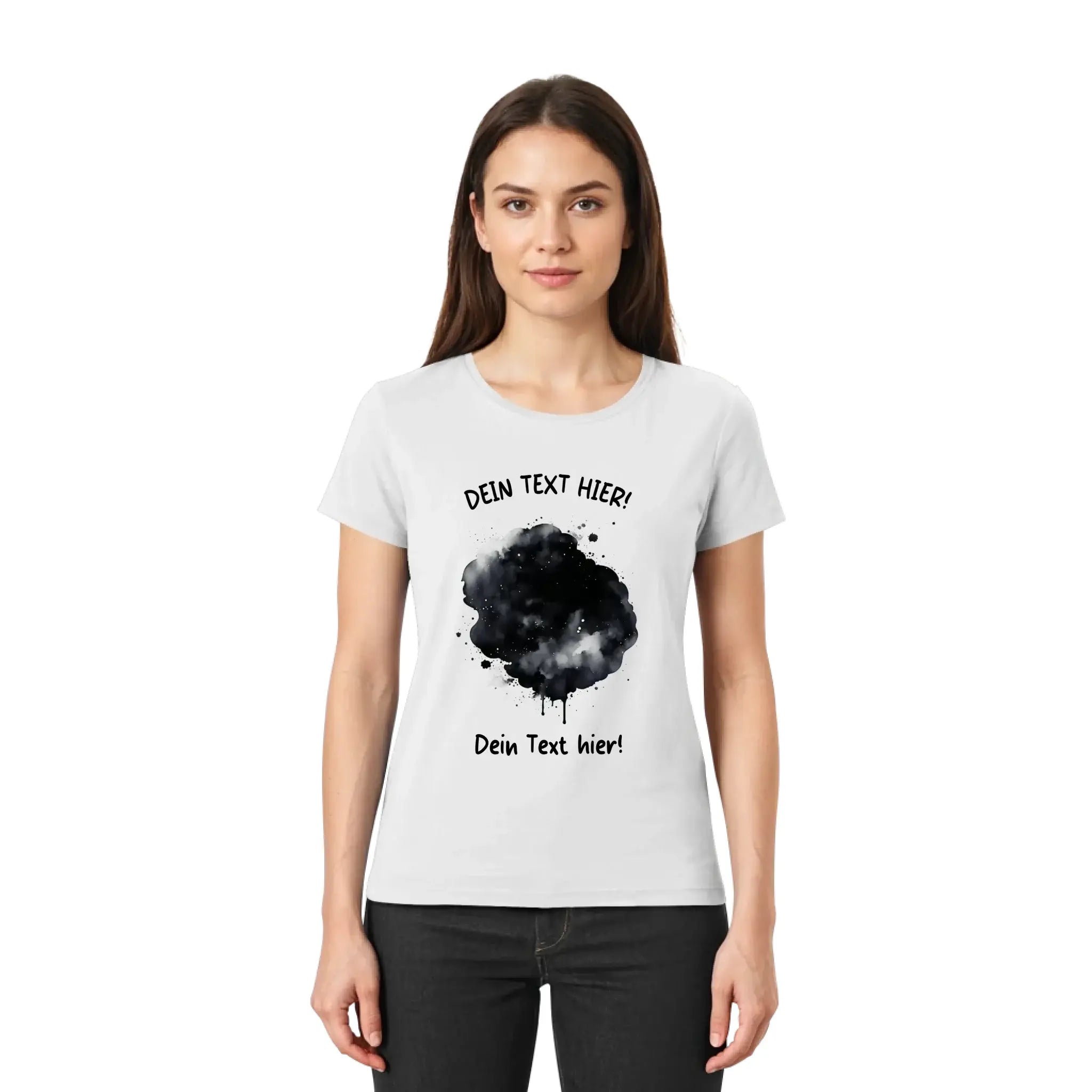 Weißes damen t-shirt mit schwarzem farbklecks effekt aus der statement collection mit individuellem wunschtext