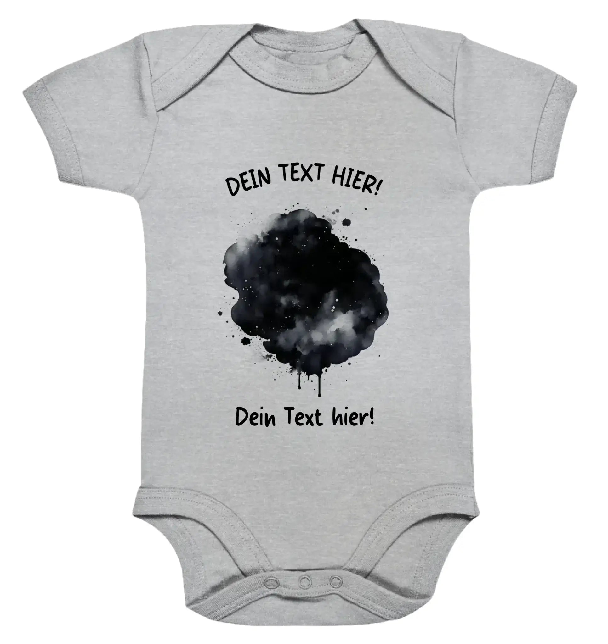 Lightgrauer babystrampler mit schwarzem farbklecks-effekt und deutschem platzhaltertext aus statement-collection