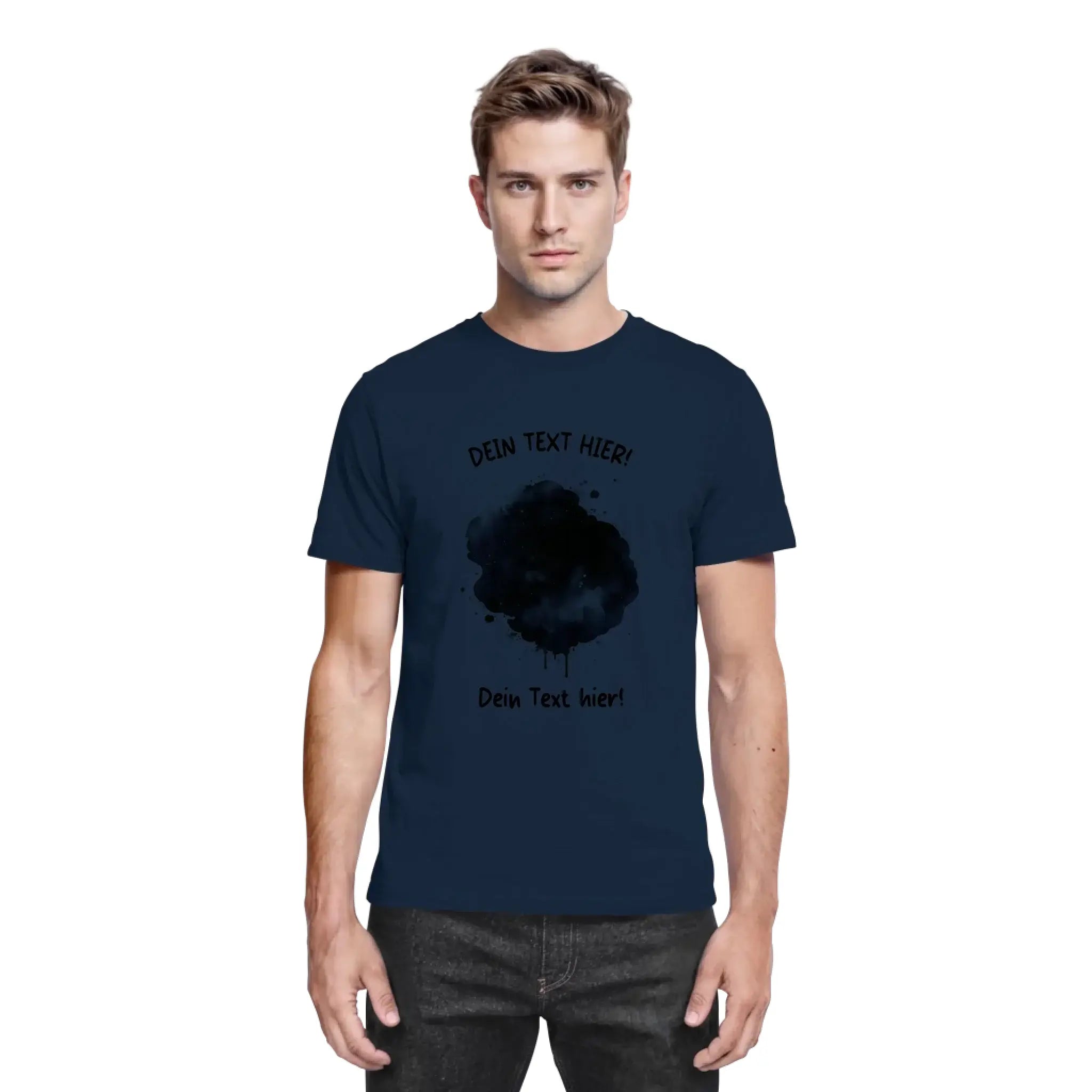 Navy blaue baumwoll t shirt mit schwarzem farbklecks effekt und placeholder text aus der statement collection