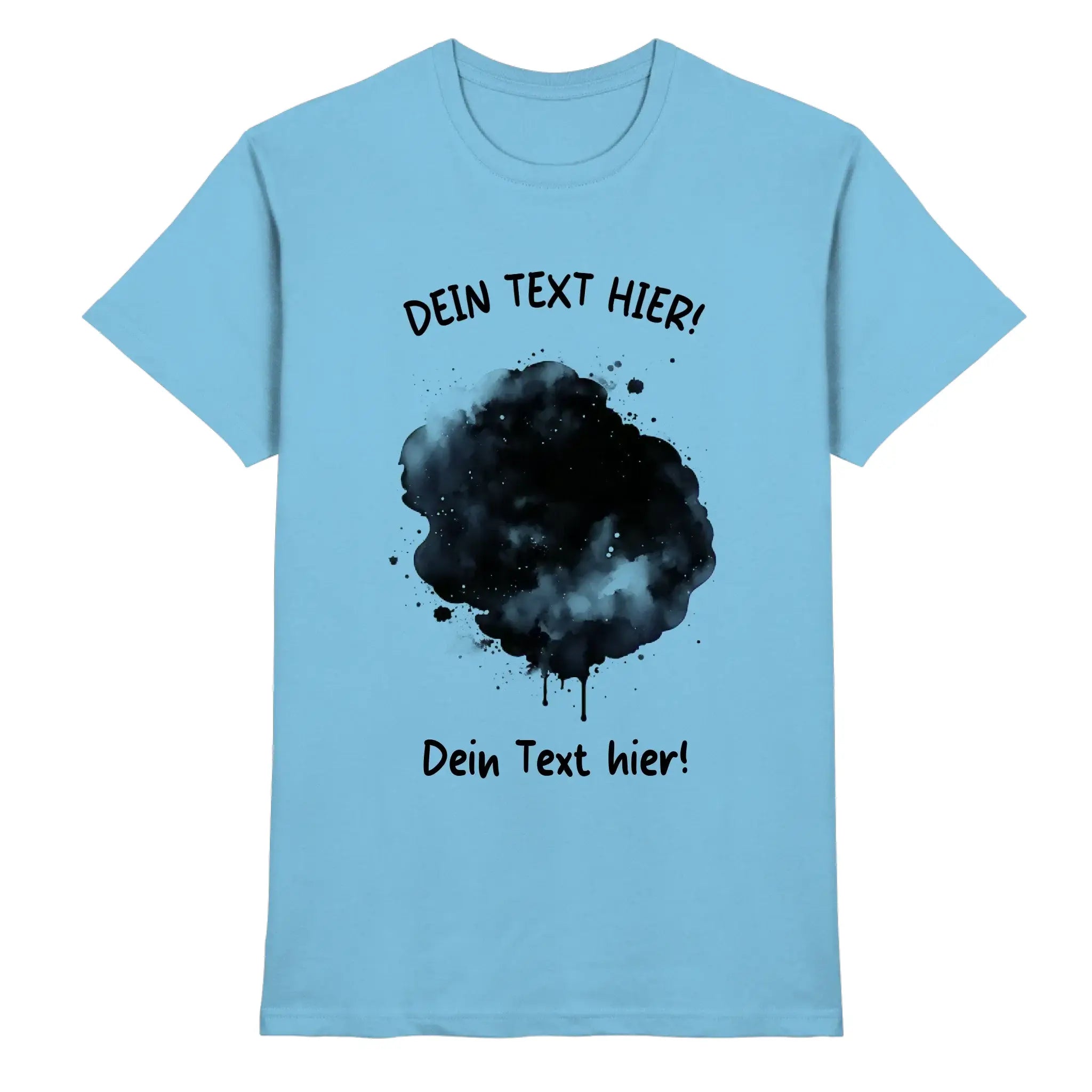 Hellblaues baumwollshirt mit schwarzem aquarelltintentropfen und platzhaltertext aus der statement-collection