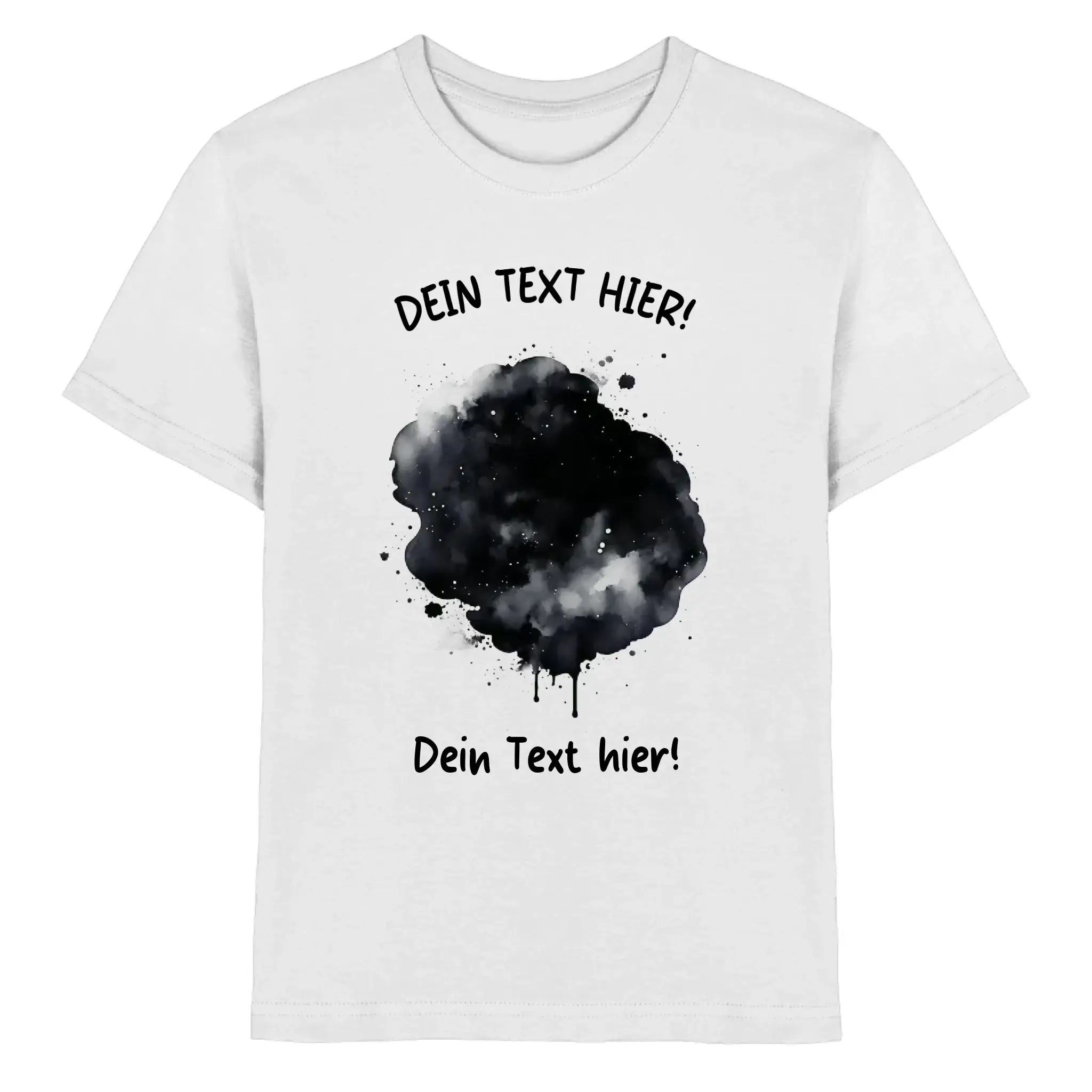 Weiße baumwoll t shirt mit schwarzem farbklecks effekt und individuellem wunschtext aus der statement kollektion