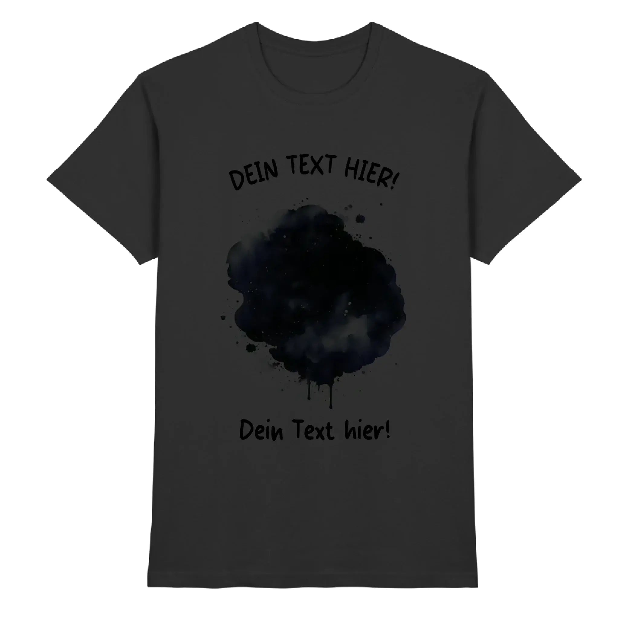 Dunkelgraues baumwoll t shirt mit schwarzem farbklecks effekt und platzhalter text in deutscher sprache