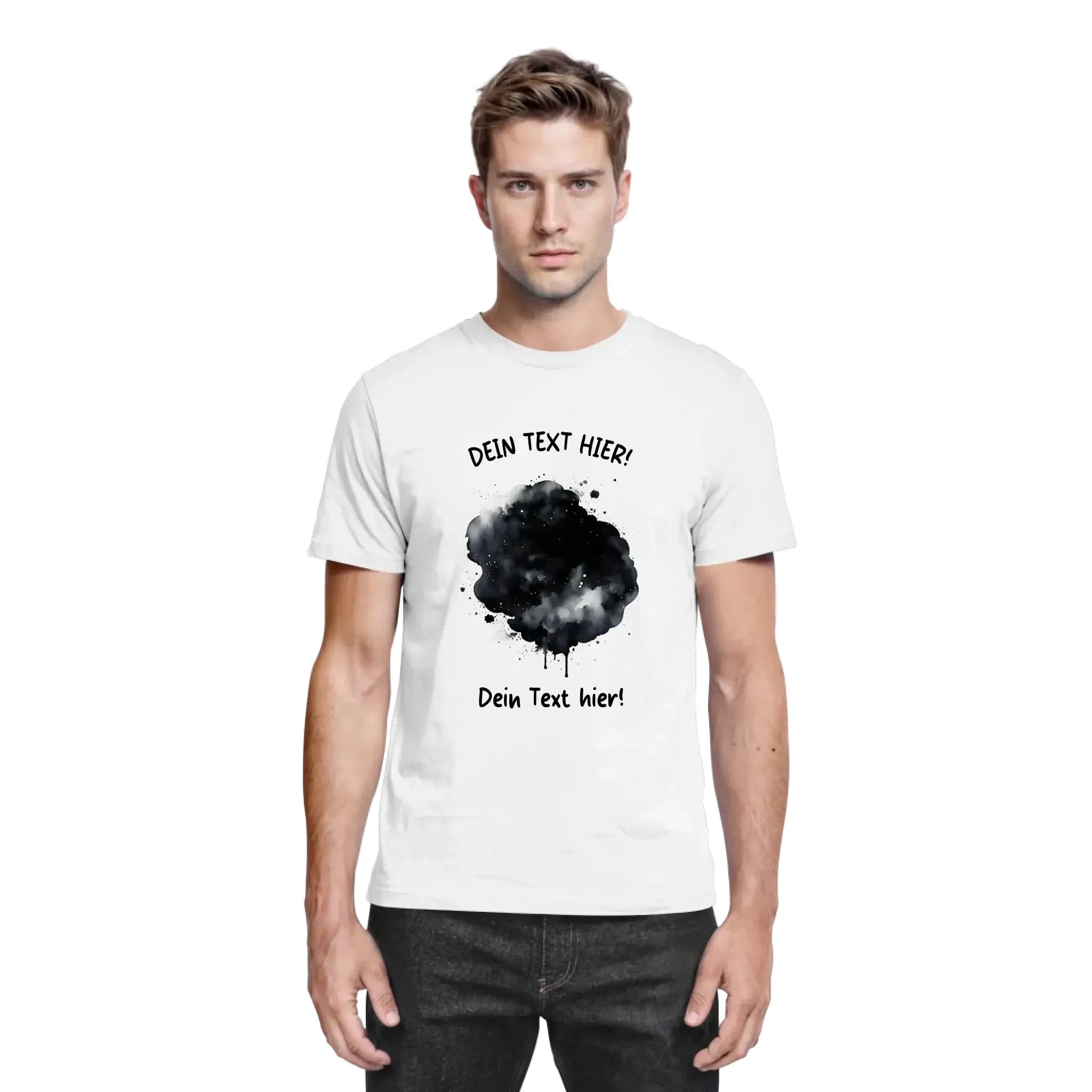 Weißes baumwoll t shirt mit schwarzem farbklecks effekt und deutschem platzhaltertext aus der statement collection