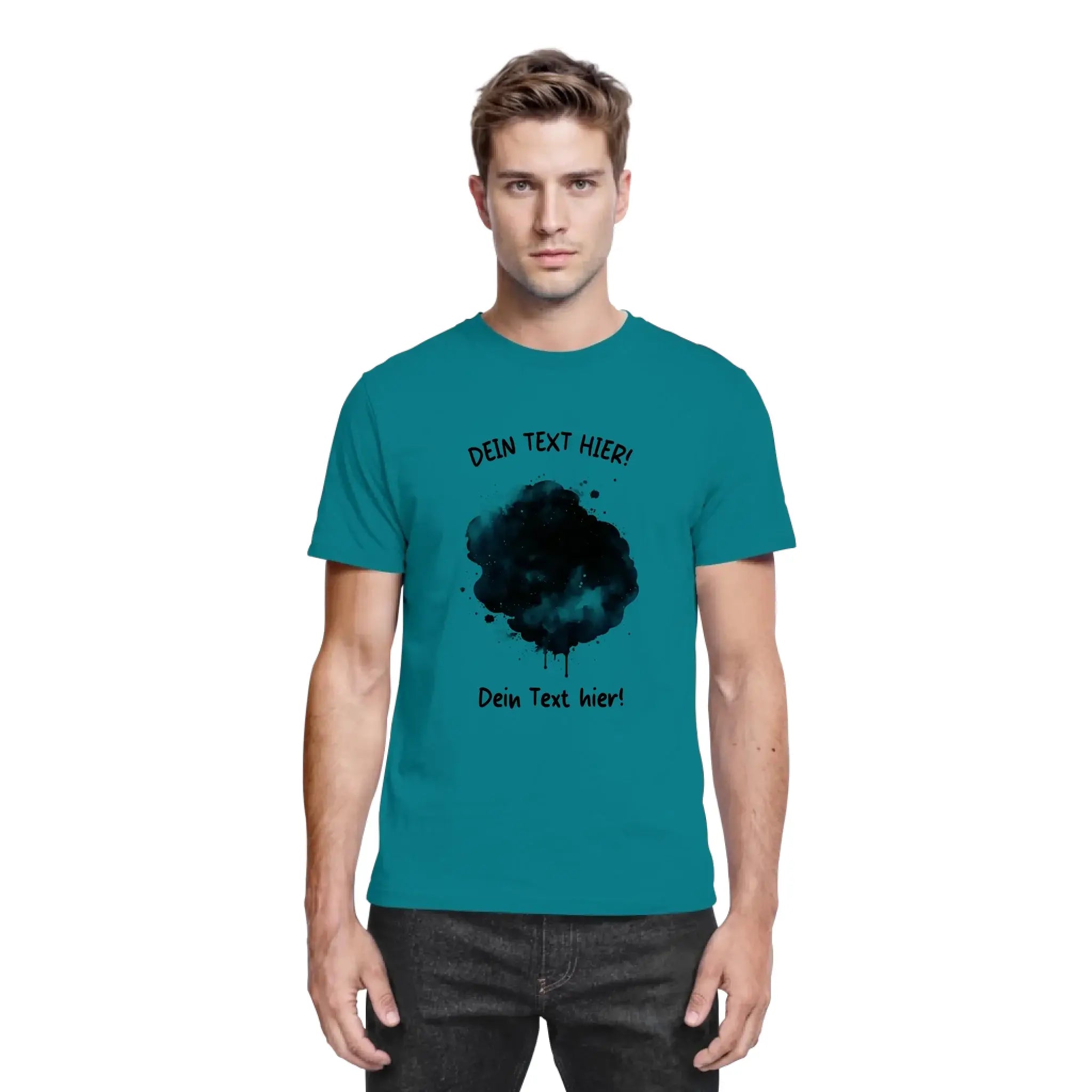 Teal cotton t-shirt with black inkblot graphic and customizable text from farbklecks effekt statement collection