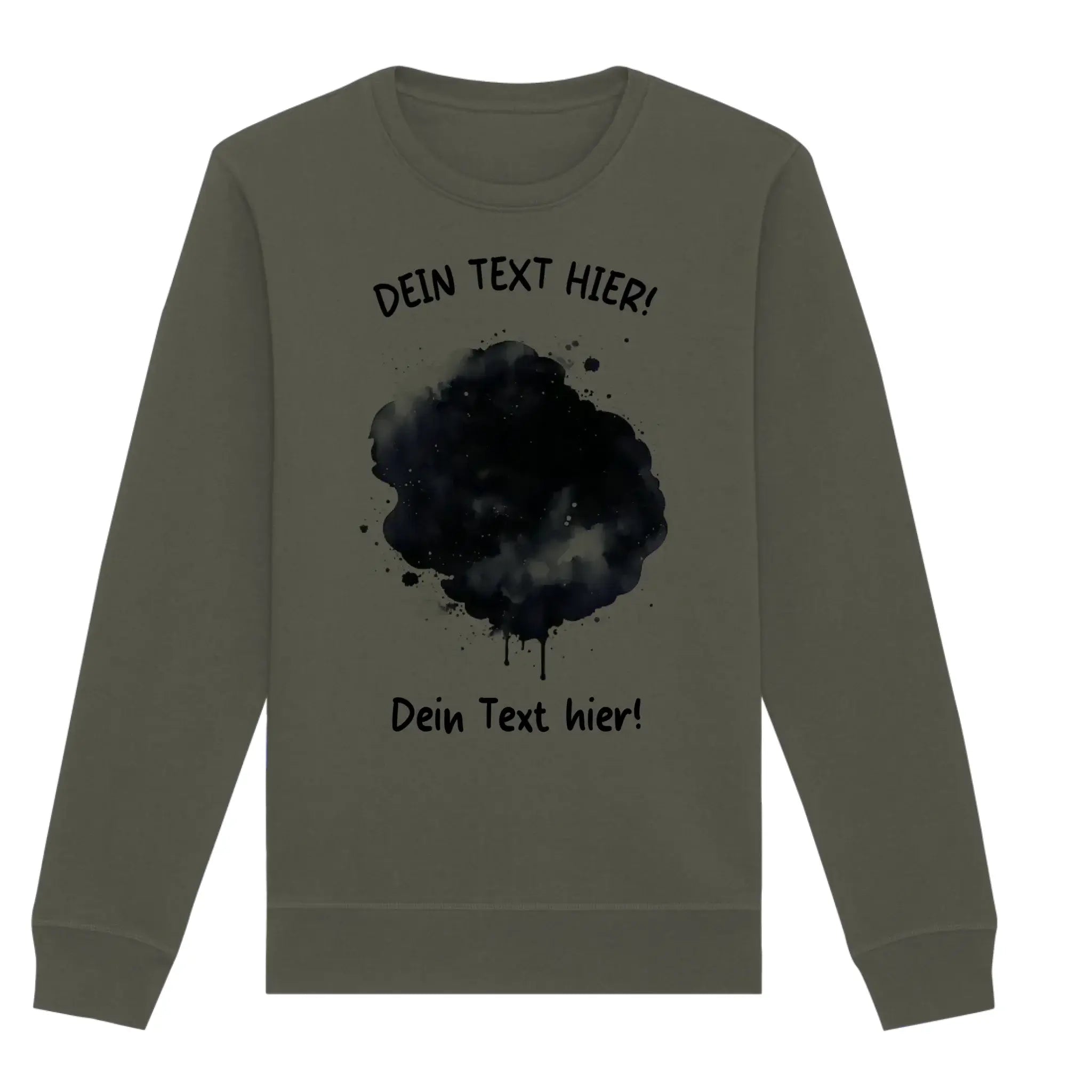 Olivegrüner langärmeliger sweatshirt mit schwarzem aquarell-farbklecks-effekt und individualisierbarem text