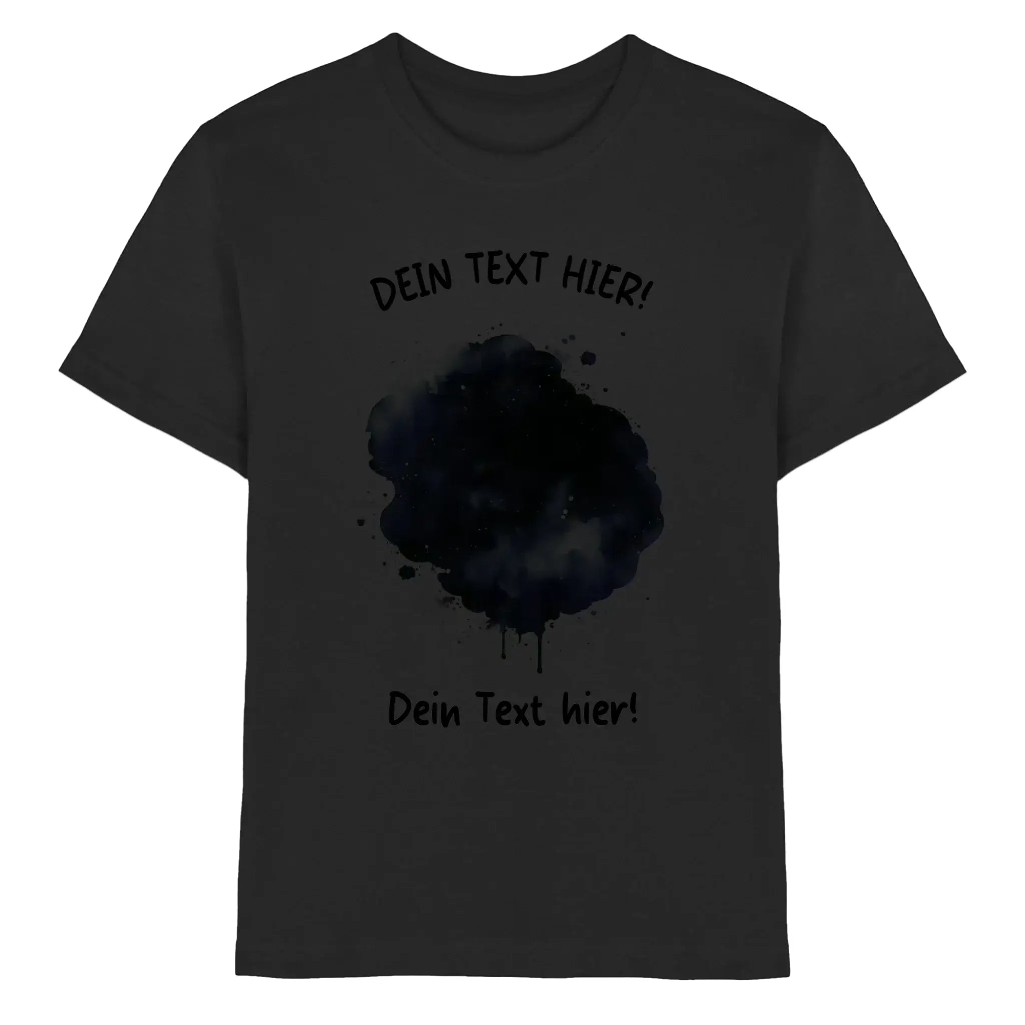 Schwarzes baumwollshirt mit dunklem tintenklecks und deutschem platzhaltertext aus der statement-collection