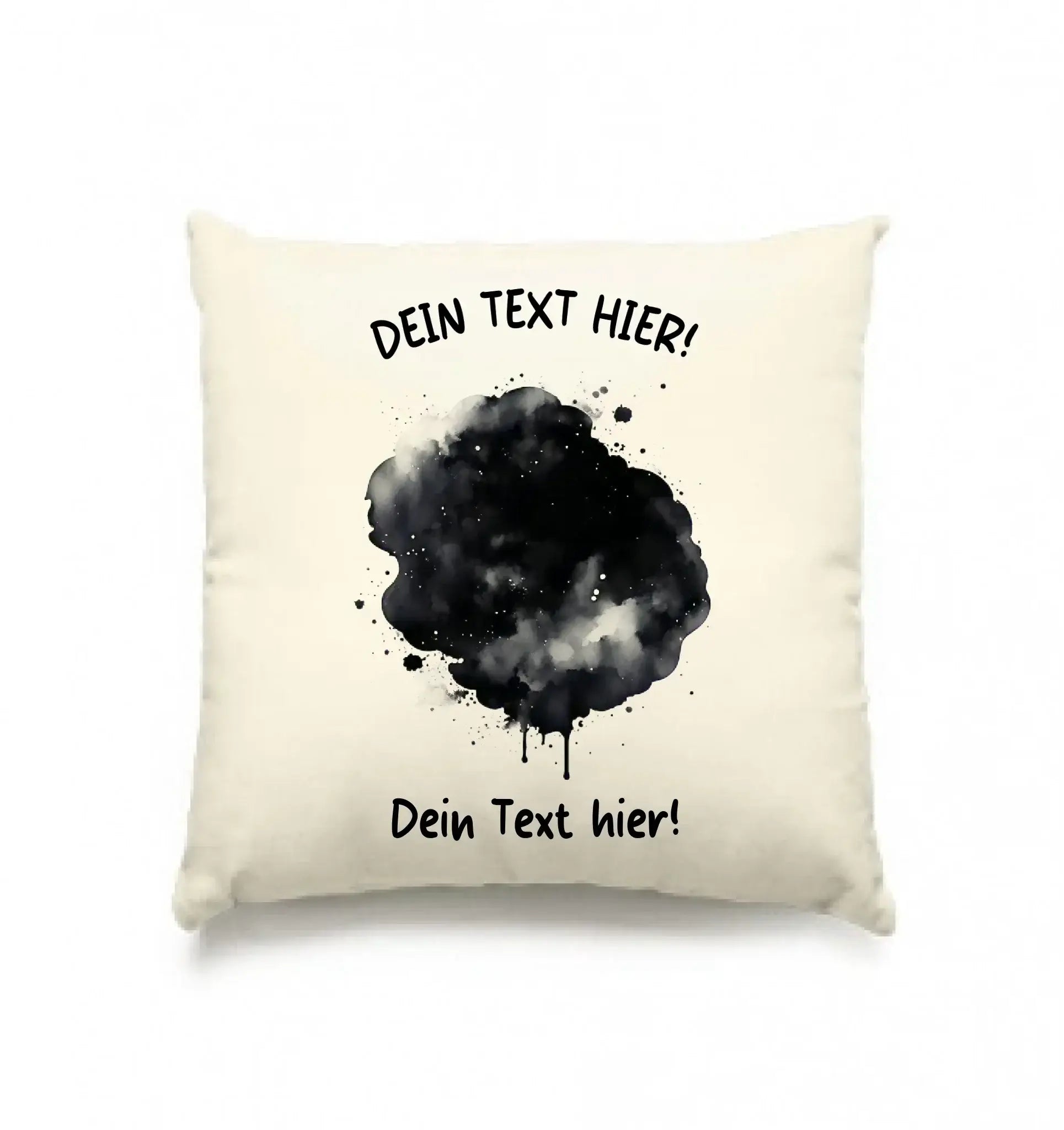 Creamfarbener kissenbezug mit schwarzem farbkleckseffekt und wunschtext dein text hier aus der statement-collection