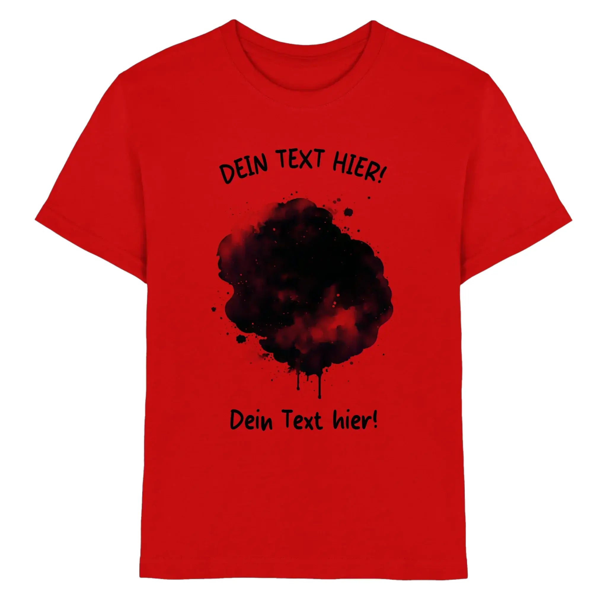 Rotes baumwoll t shirt mit auffälligem schwarzen farbklecks effekt und individuellem wunschtext design