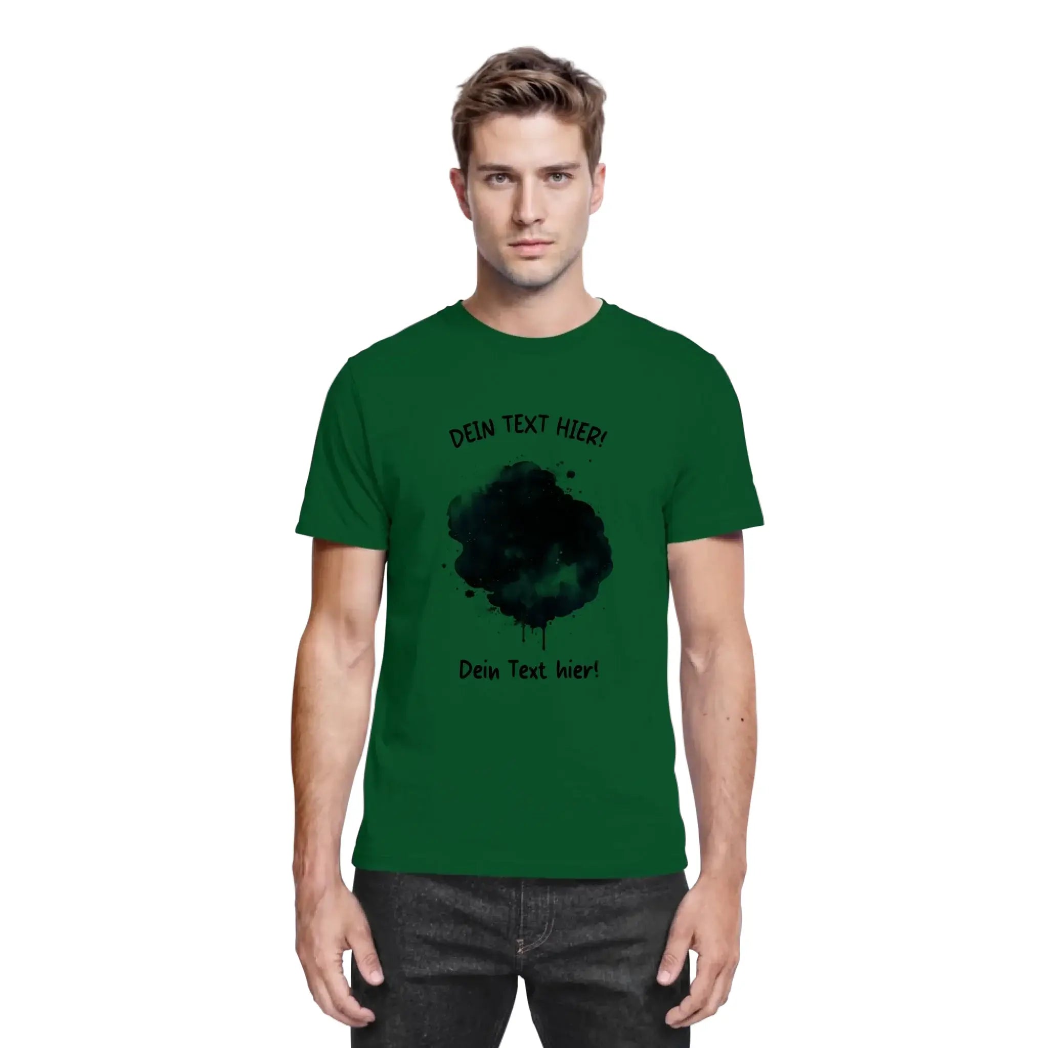 Dunkelgrünes baumwollshirt mit schwarzem tintenflecke design und tropfeffekt aus der statement-collection mit wunschtext