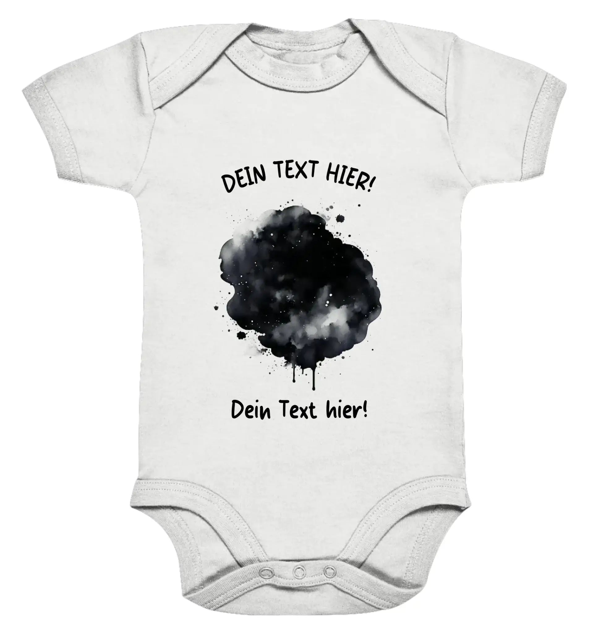 Weißes babystrampler mit schwarzem watercolor-farbklecks-effekt und deutschem platzhaltertext aus der statement-collection