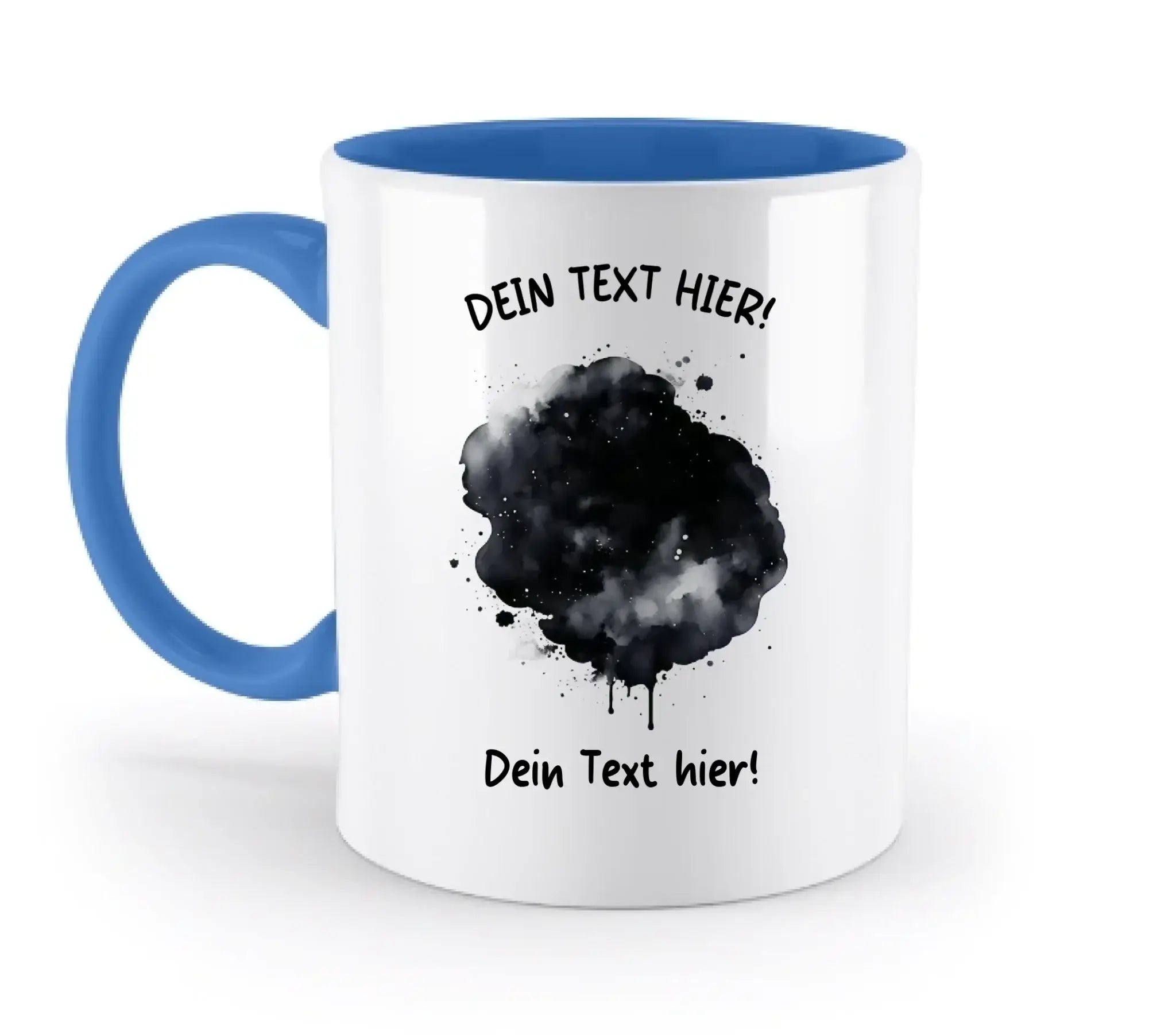Weiße keramiktasse mit blauem inneren und griff mit schwarzem farbklecks-effekt aus der statement-collection
