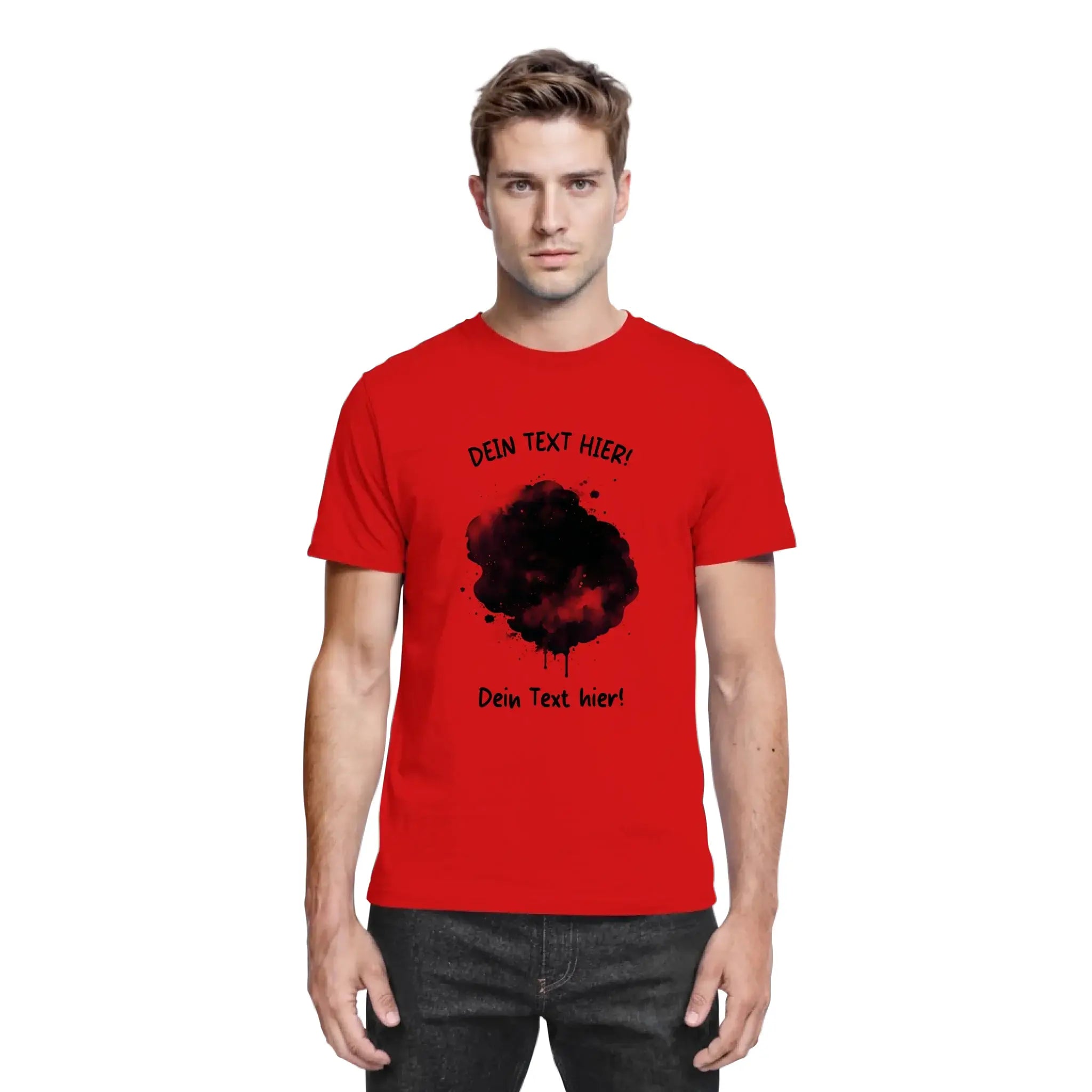 Rotes baumwollshirt mit schwarzem tintenfleck effekt und platzhaltertext aus der statement collection