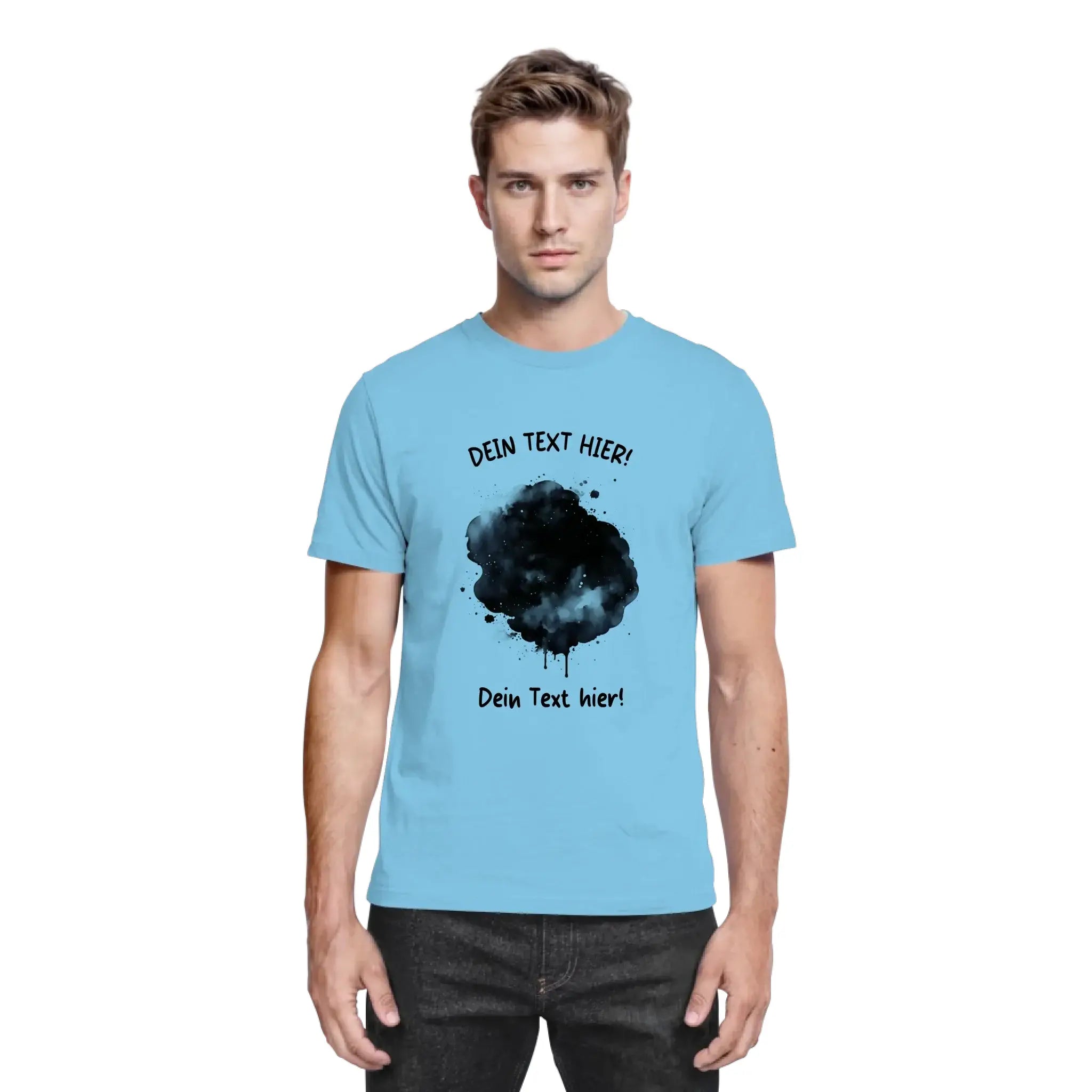 Leichtblaues baumwollshirt mit schwarzem farbkleckseffekt und deutschem platzhaltertext aus der statement-collection