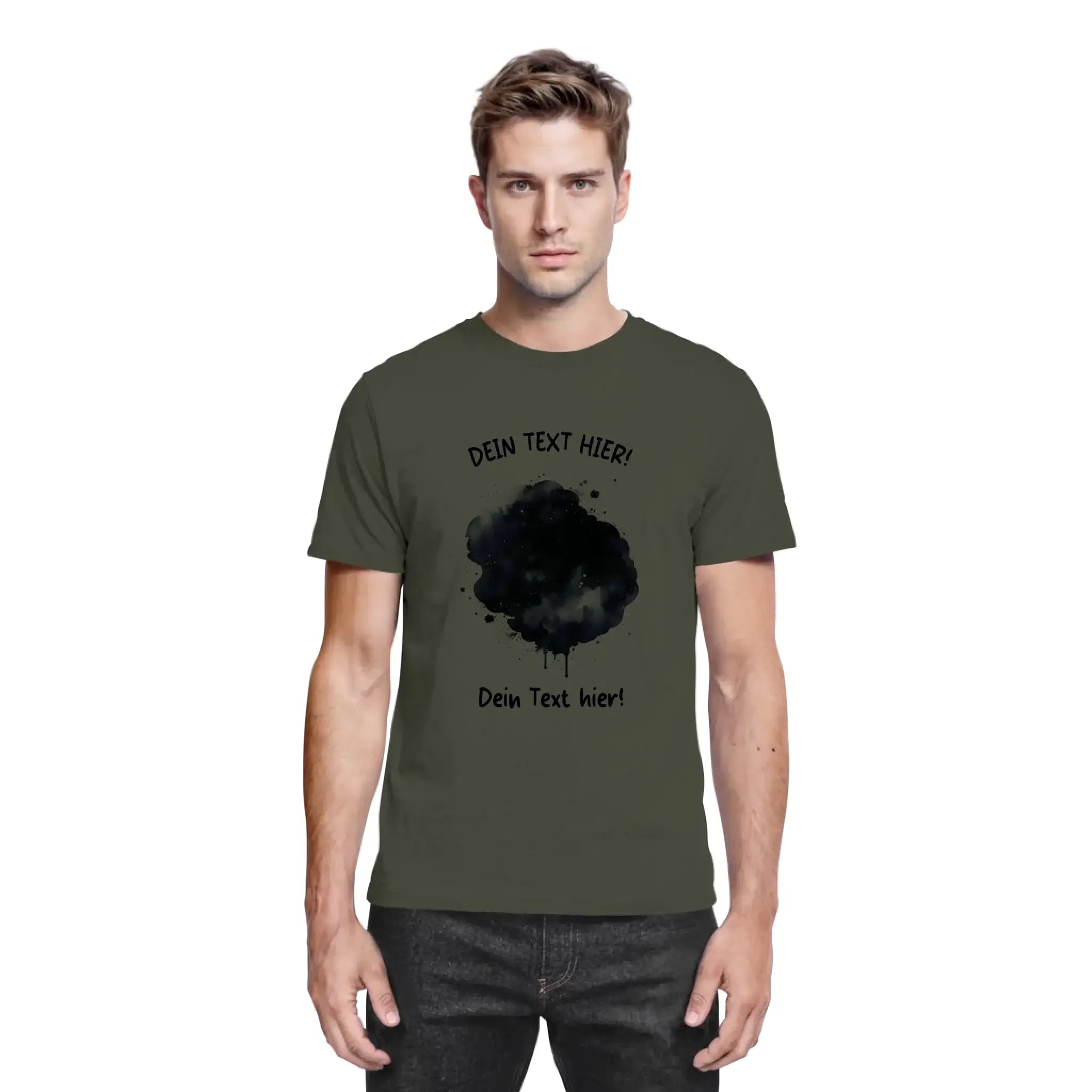 Olivgrünes baumwoll t-shirt mit schwarzem farbklecks effekt und wunschtext aus der statement collection