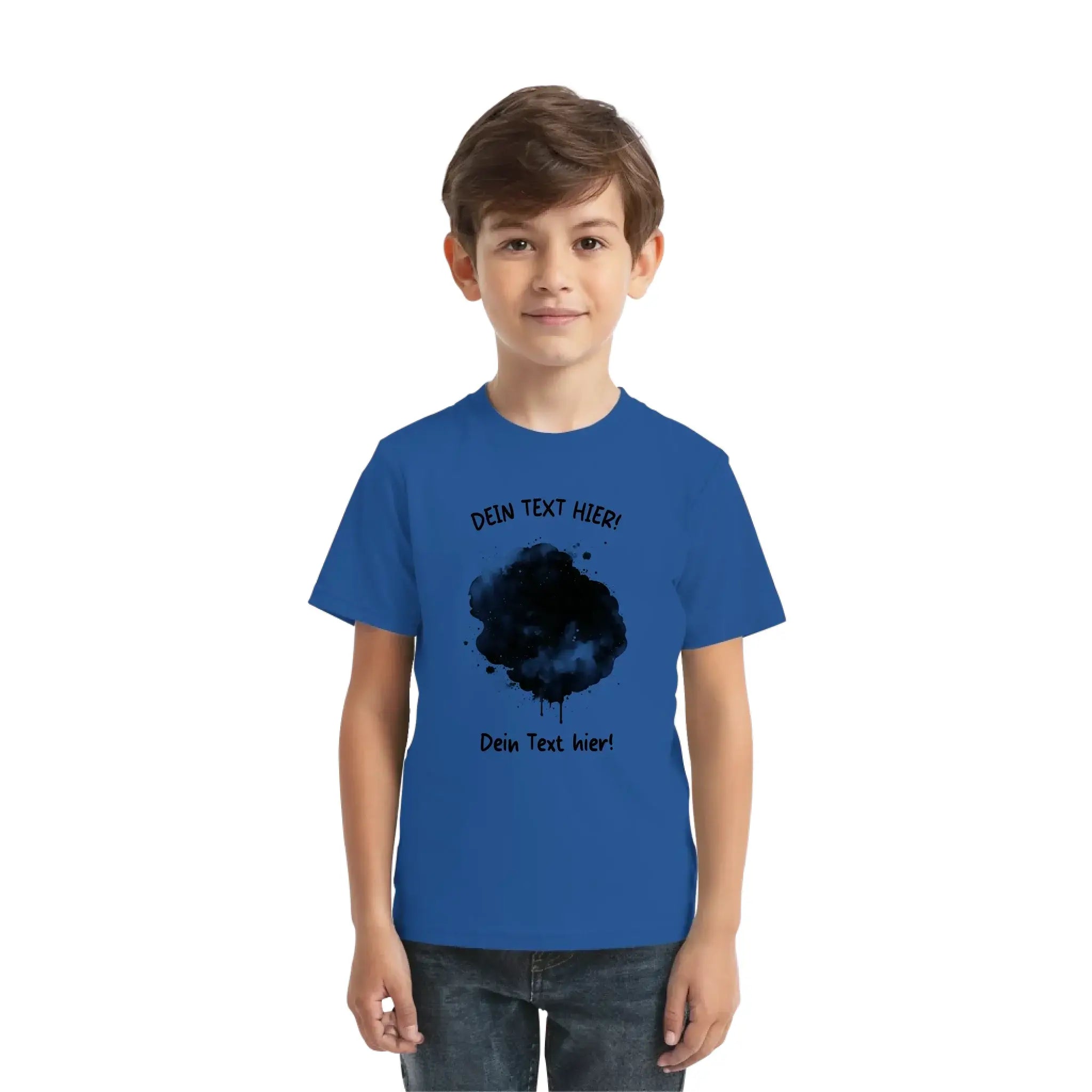 Blaues kinder t shirt mit schwarzem aquarell sprenkel design aus der statement kollektion mit wunschtext