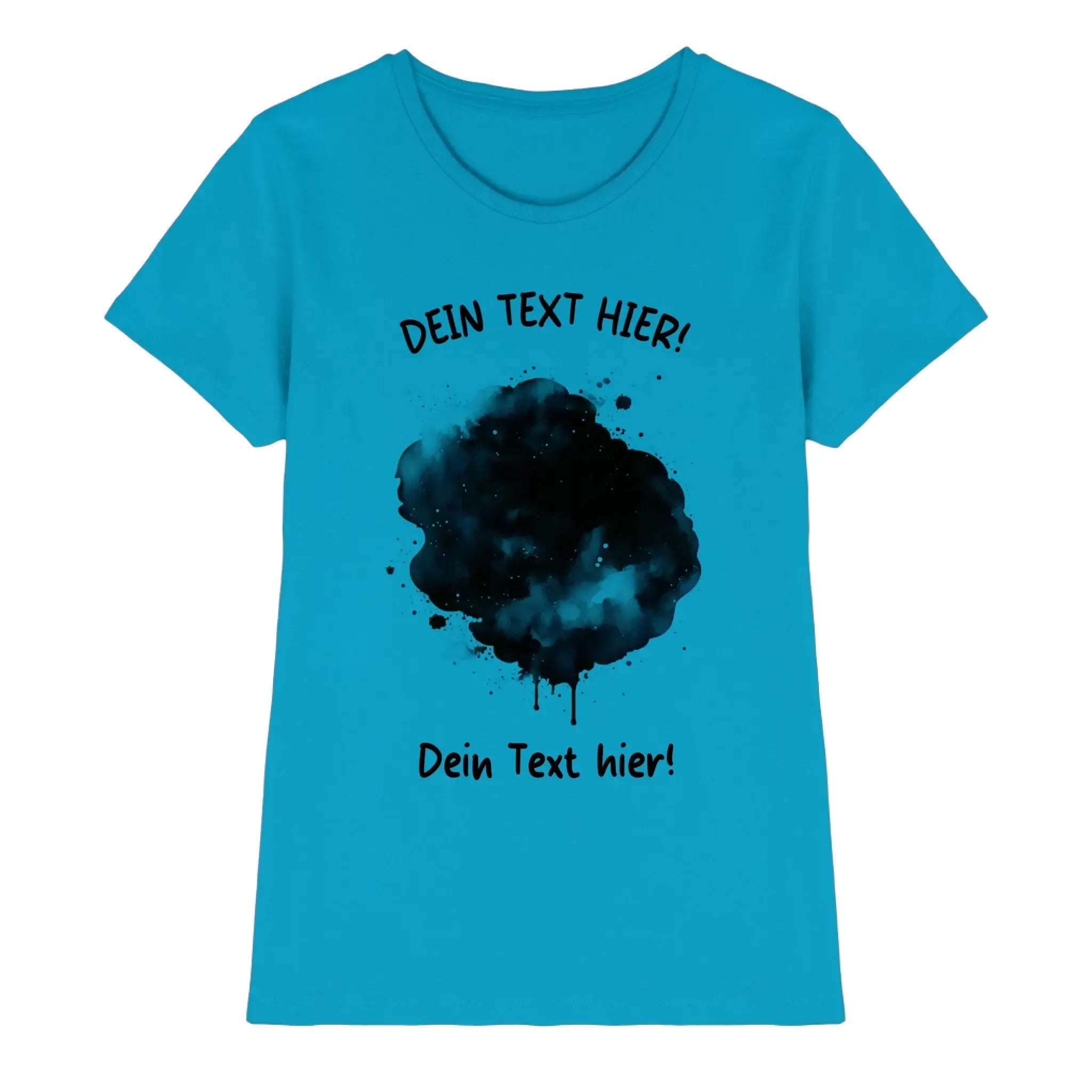 Ein leuchtend türkisfarbenes damen t shirt mit einem schwarzen aquarell farbklecks effekt und deutschem platzhaltertext