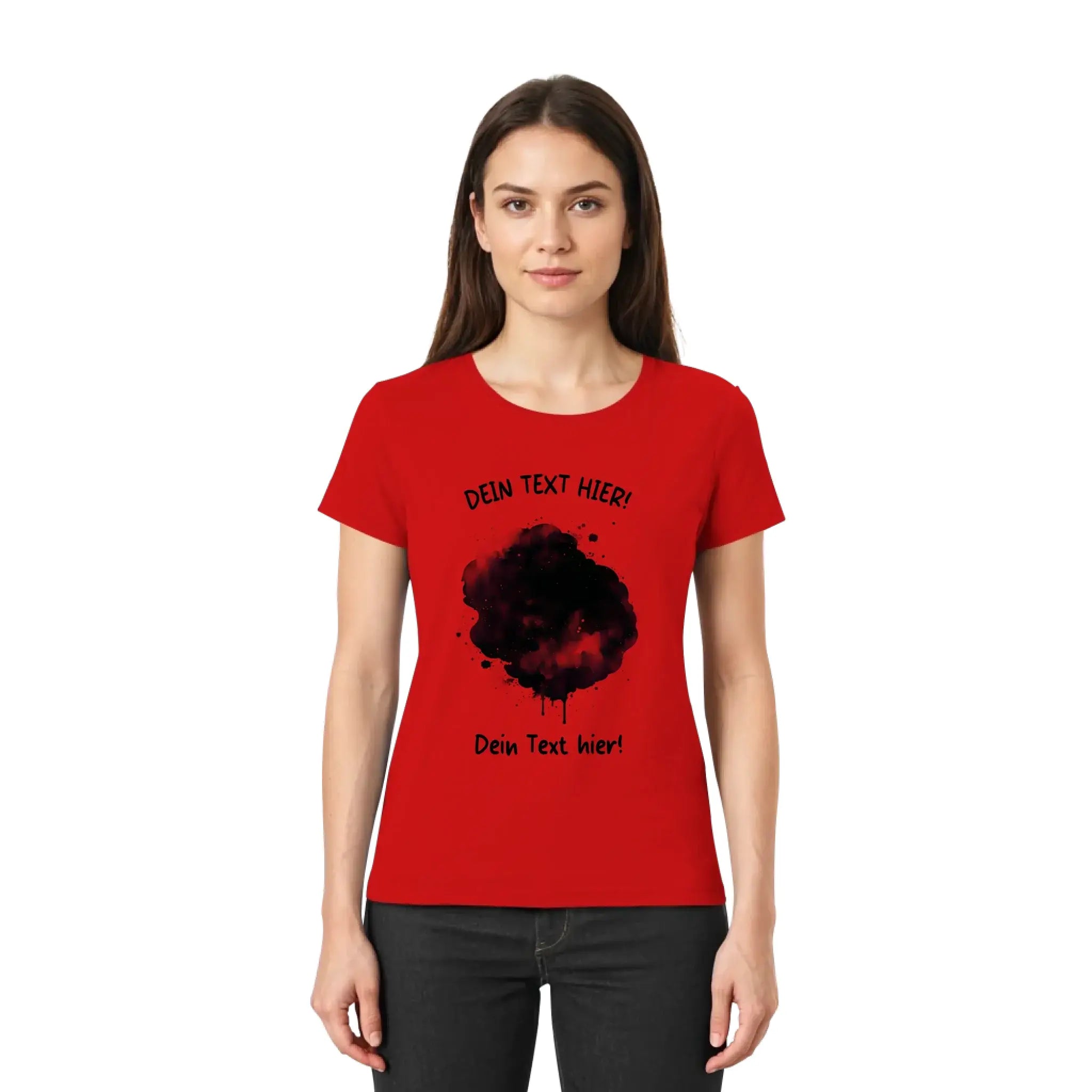 Rotes kurzarmshirt mit schwarzem farbklecks-effekt und wunschtext aus der statement-collection