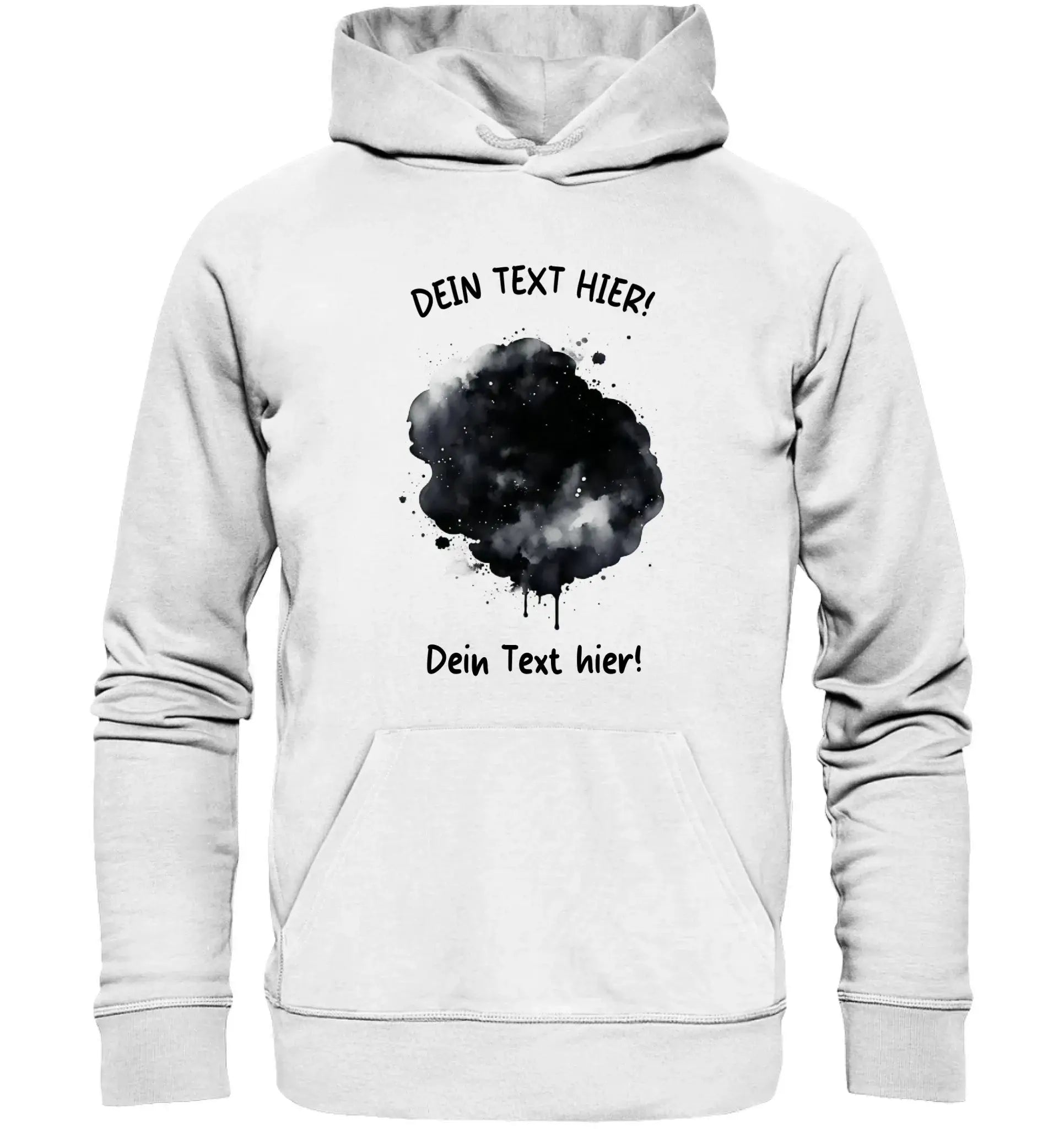 Weißer hooded sweatshirt mit schwarzem farbklecks-effekt und individuellem text aus der statement-collection