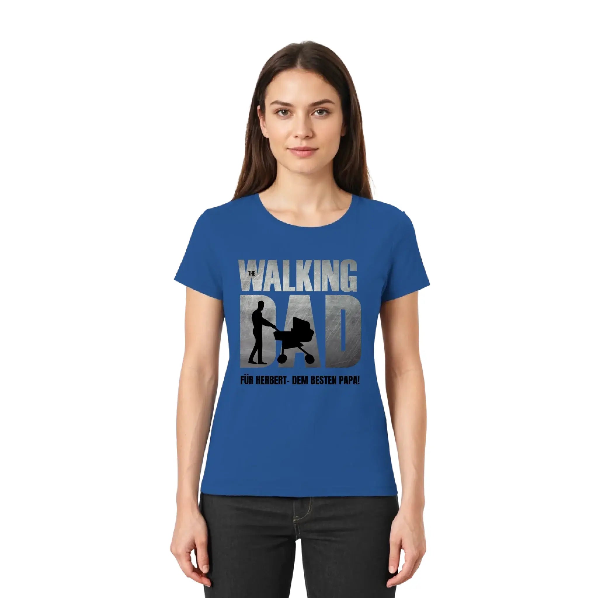 Blaues damenshirt mit the walking dad grafik und silhouette aus der father galaxy statement collection ideal für vatertag