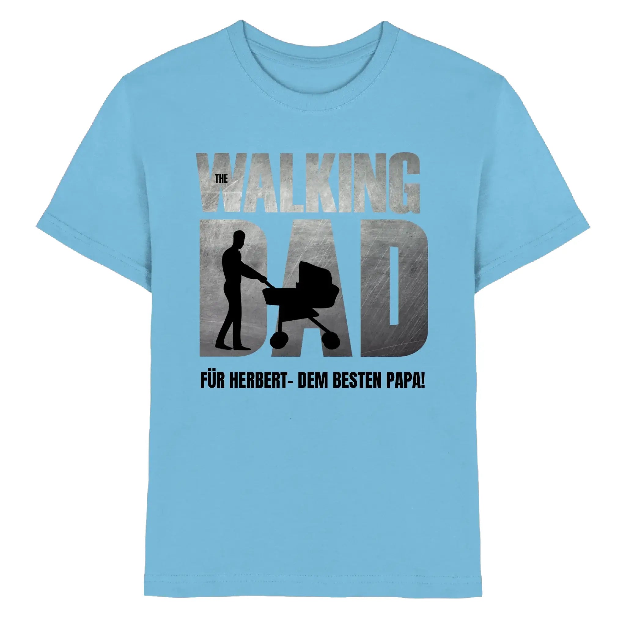 Hellblaues baumwollshirt mit dem schriftzug the walking dad in metallic silber und schwarz und kinderwagen-motiv