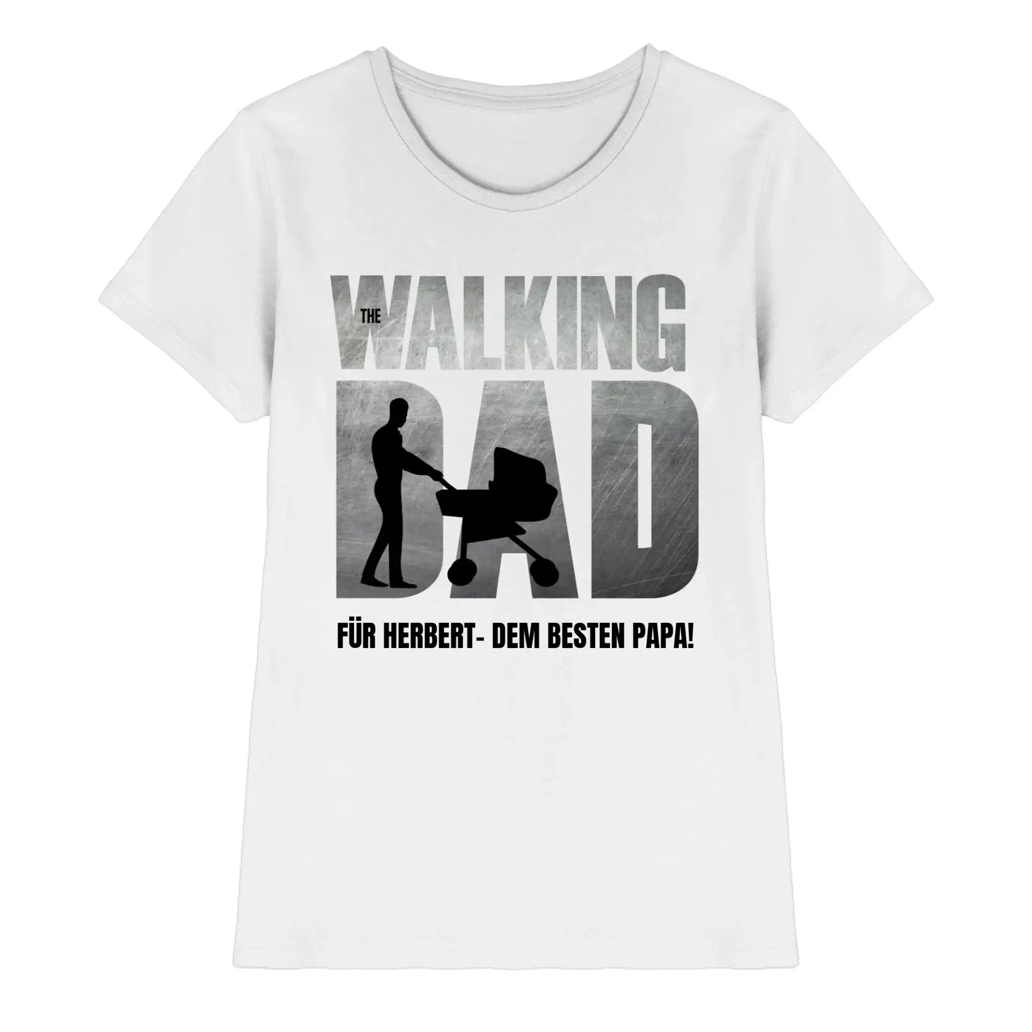Weißes baumwoll t shirt mit grauem und schwarzem the walking dad motiv und deutschem text von father galaxy