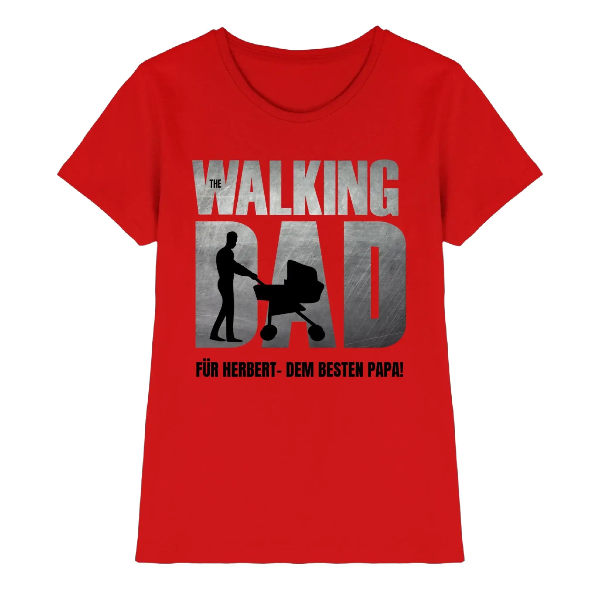 Rotes damen t-shirt mit metallic silberne the walking dad grafik und schwarzer silhouette von mann mit kinderwagen