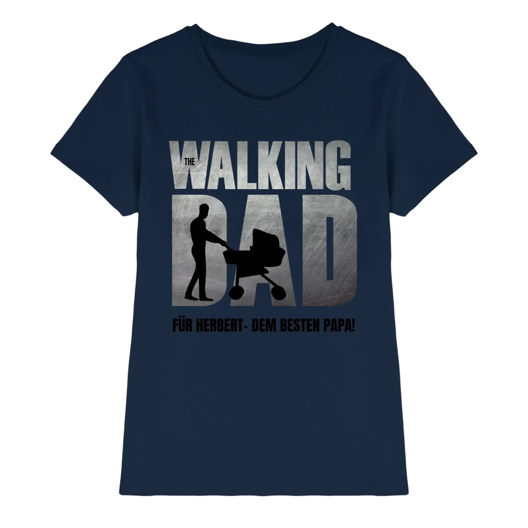 Navyblaues damen t shirt mit the walking dad grafik und silhouette eines mannes der einen kinderwagen schiebt